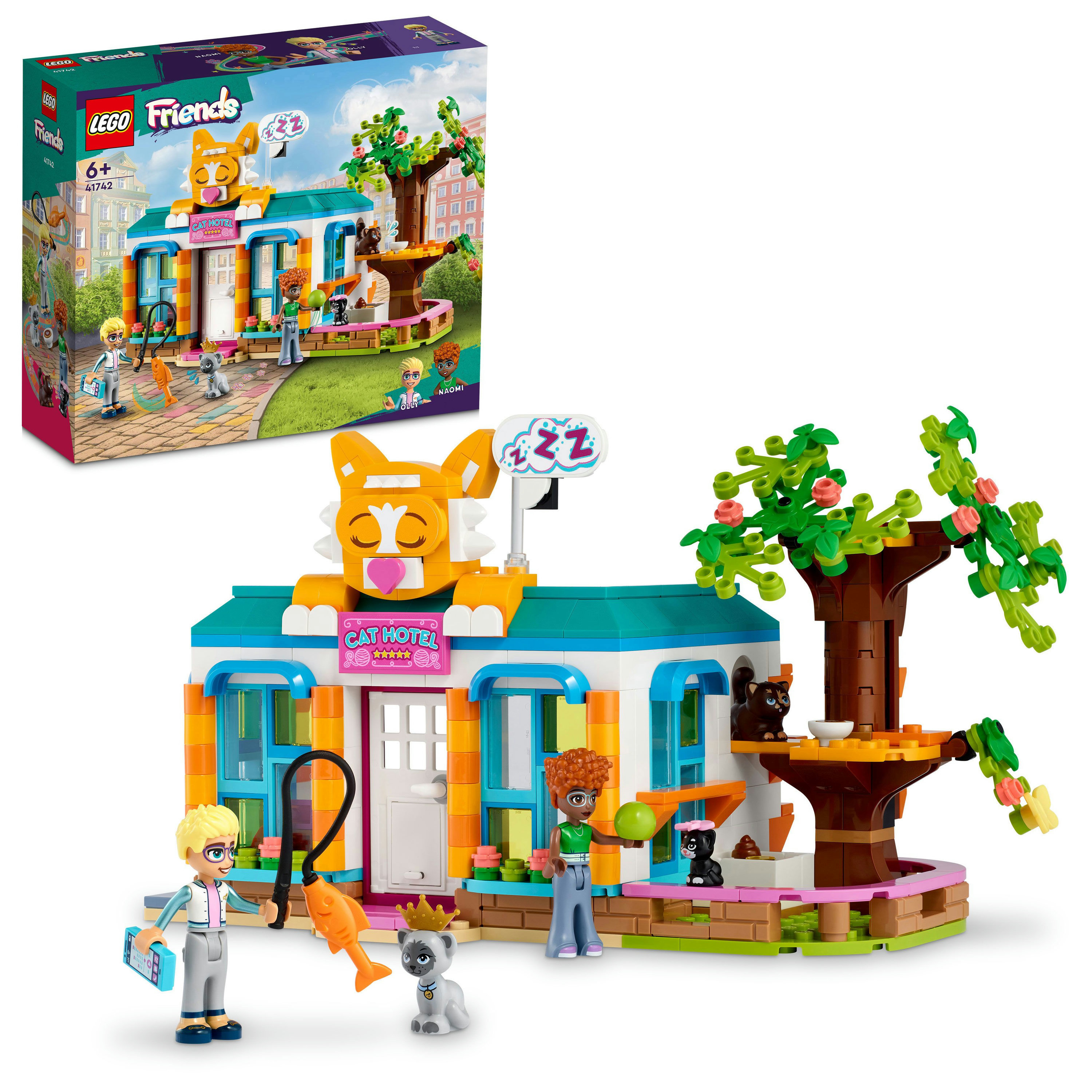 Zestaw LEGO Friends z hotelem dla kotów. Zawiera minifigurki, koty, domek na drzewie i budynek w kształcie kota.