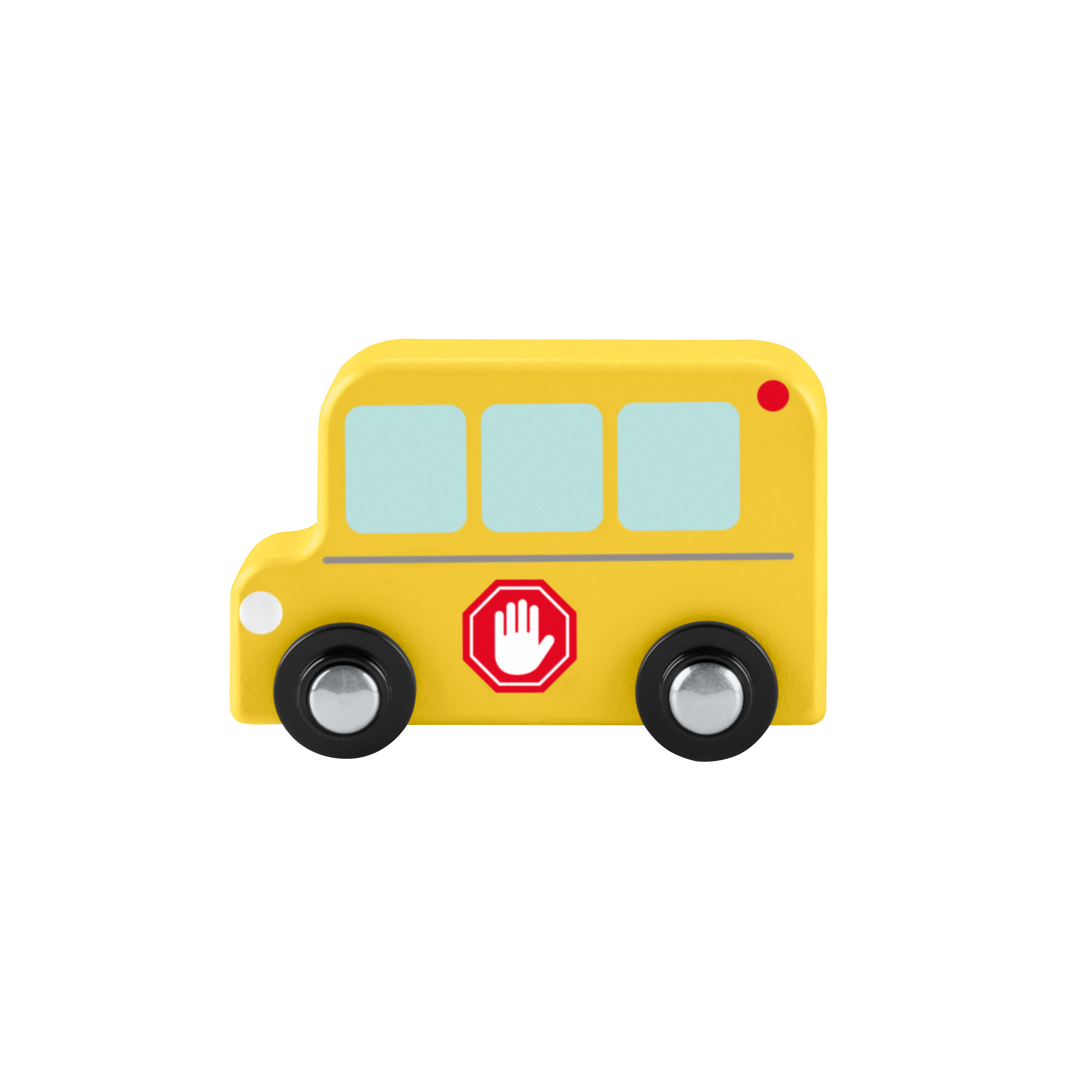Ein gelber Spielzeug-Schulbus mit schwarzen Rädern, blauen Fenstern und einem Stoppschild.