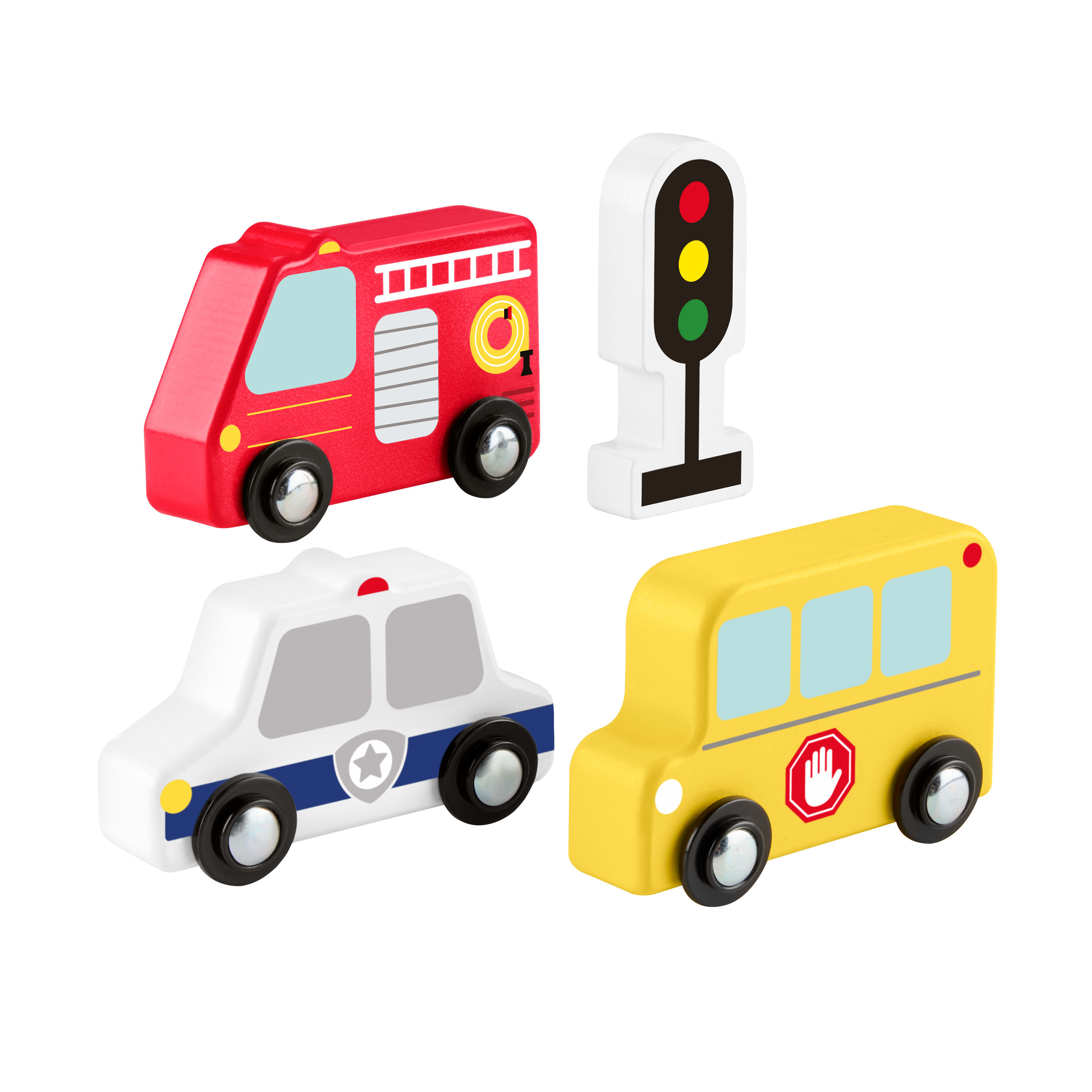 Das Bild zeigt einen roten Feuerwehrauto, einen Polizeiwagen, einen gelben Schulbus und eine Ampel auf weißem Grund.