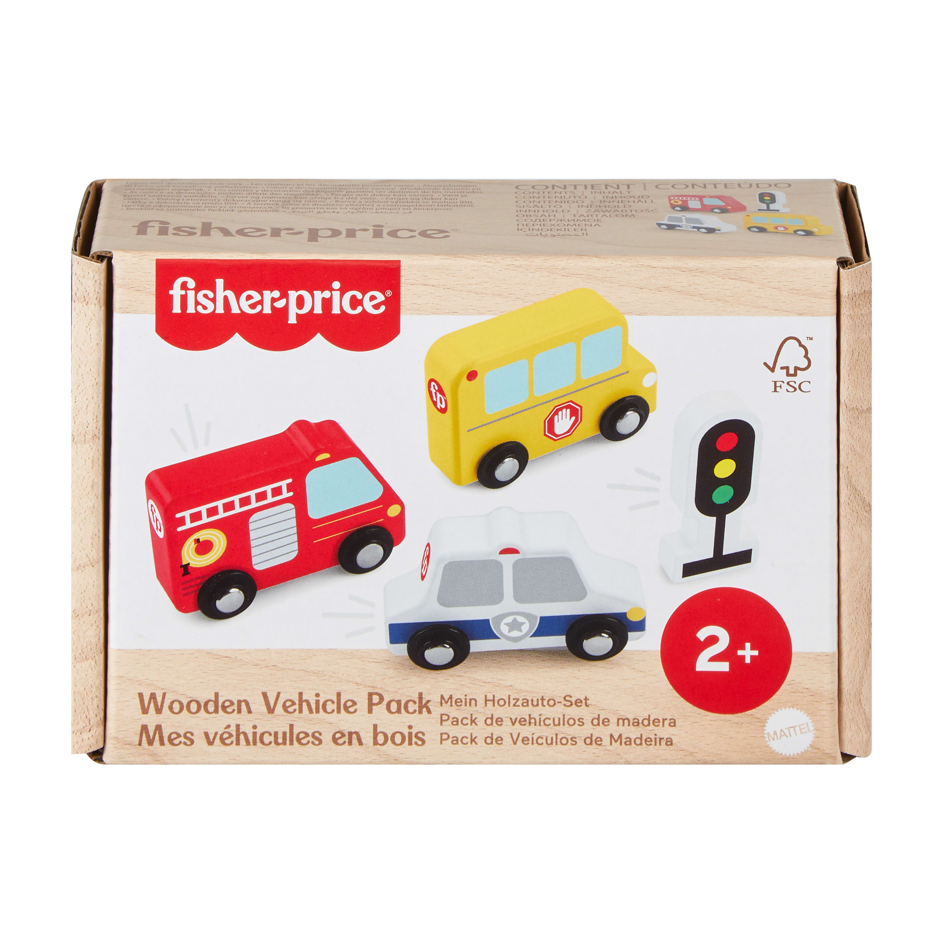 Verpacktes Holzfahrzeug-Set: Feuerwehrauto, Schulbus, Polizeiauto und Ampel-Spielzeug. Rot, Gelb, Weiß und Schwarz.