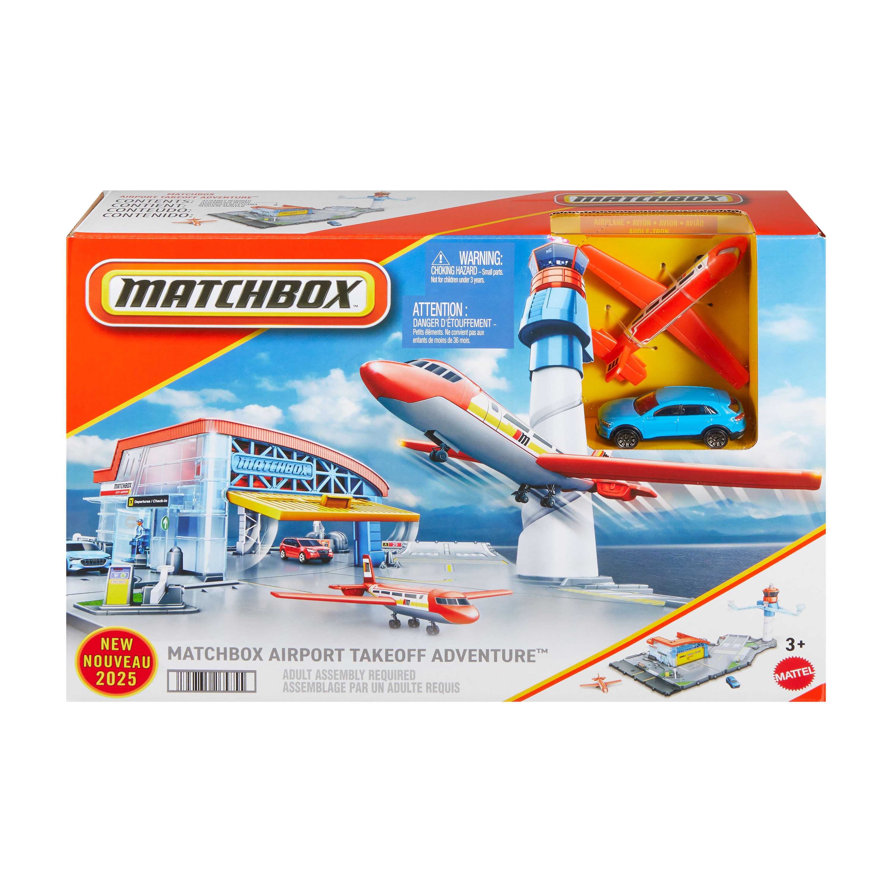 Eine Matchbox Airport Takeoff Adventure-Box. Sie zeigt Spielzeugflugzeuge, Autos und Flughafenstrukturen auf farbenfrohem Hintergrund.