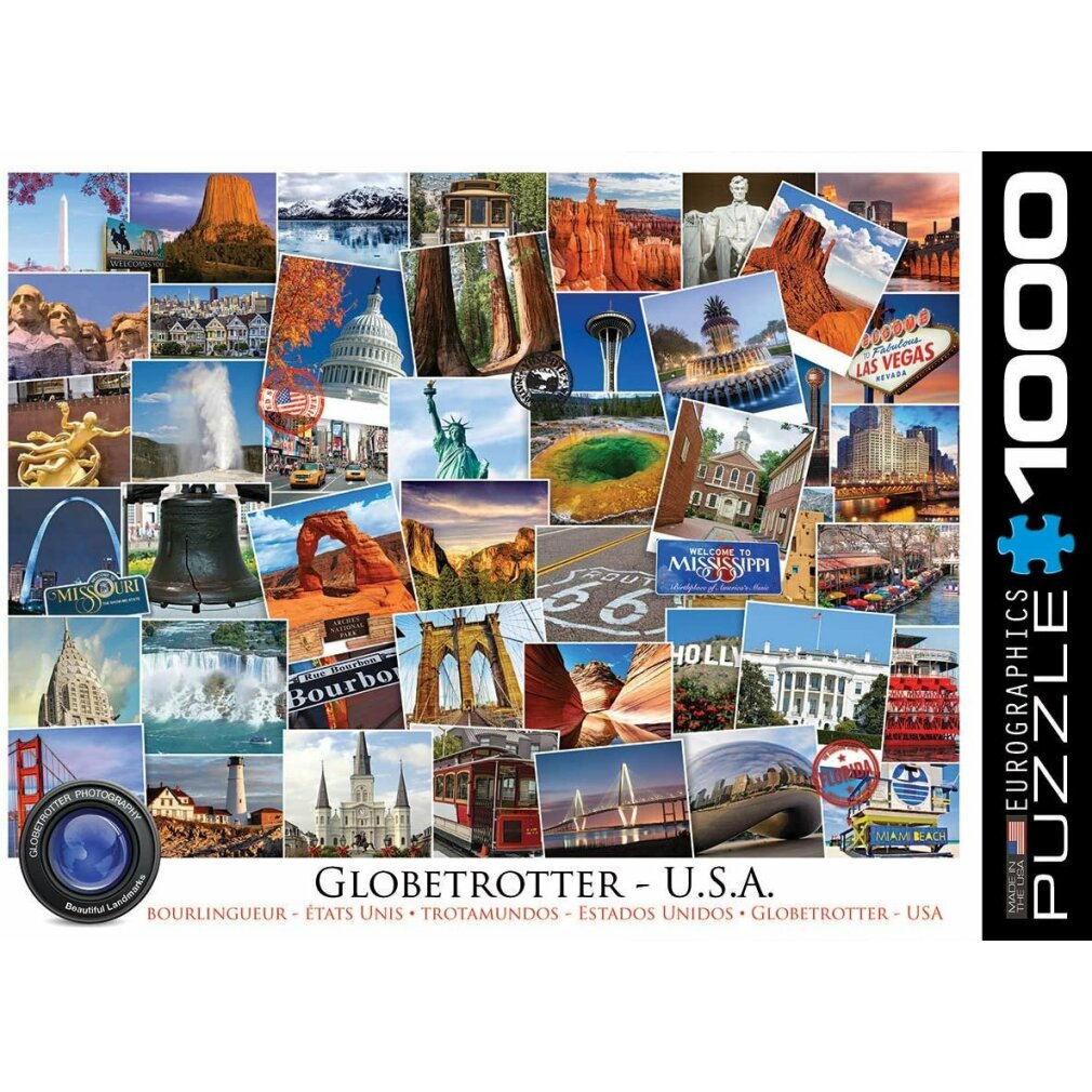 Ein Globetrotter U.S.A.-Puzzle mit Postkarten von Sehenswürdigkeiten wie der Freiheitsstatue, Las Vegas und der Golden Gate Bridge.