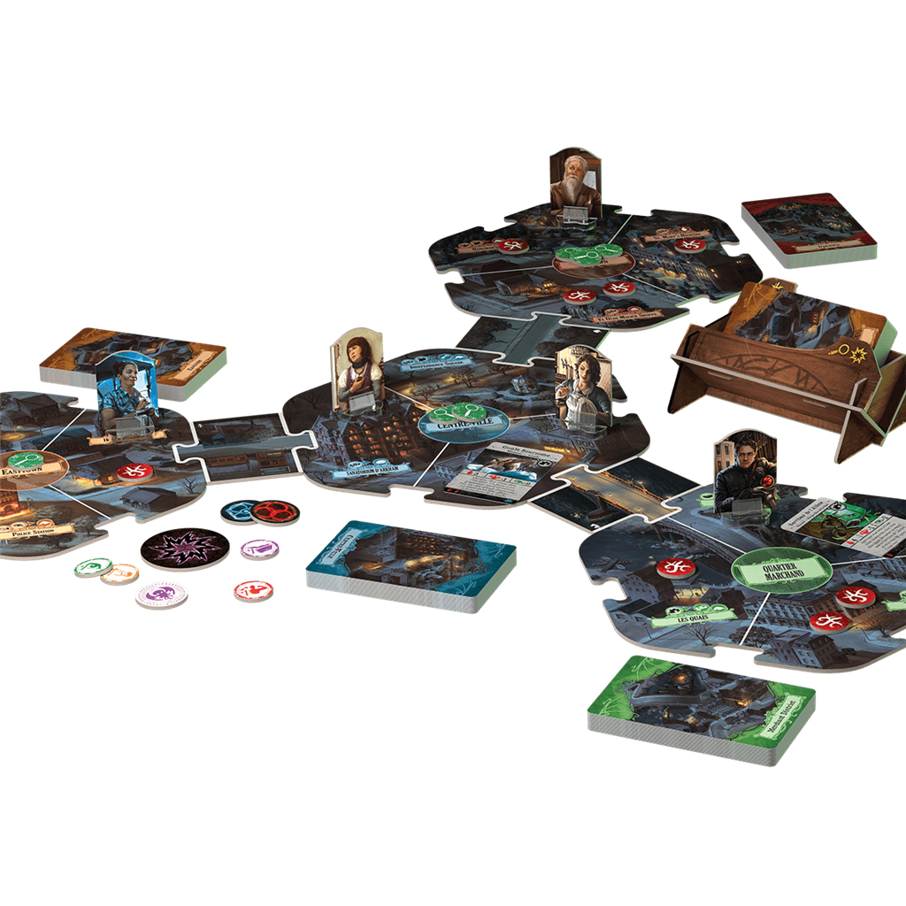 Configuración del juego de mesa. Tablero de juego con fichas de personajes, cartas y otras piezas del juego dispuestas sobre una superficie blanca.