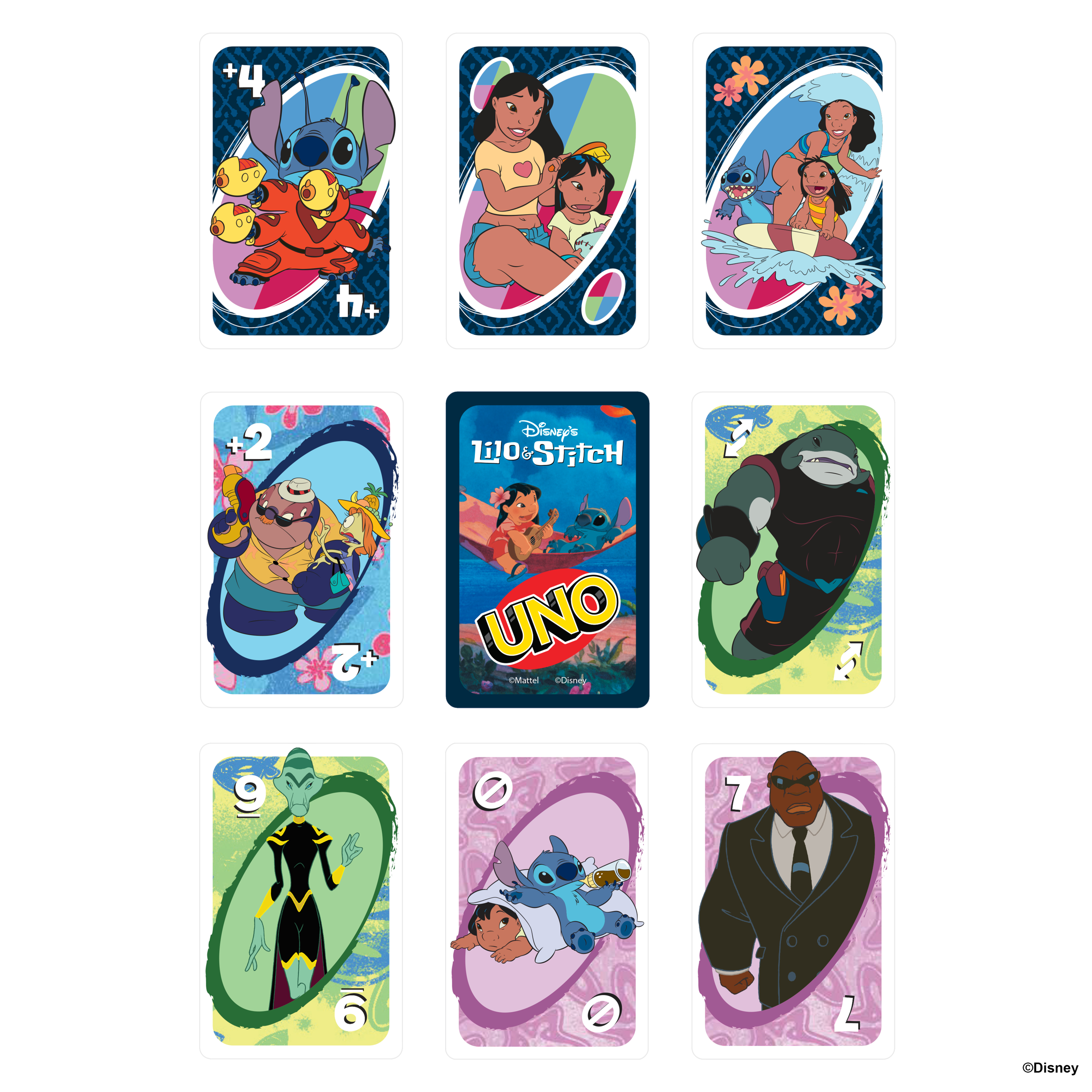 Neun Uno-Karten mit Lilo & Stitch-Charakteren. Stitch, Lilo und andere Charaktere sind auf den Karten.