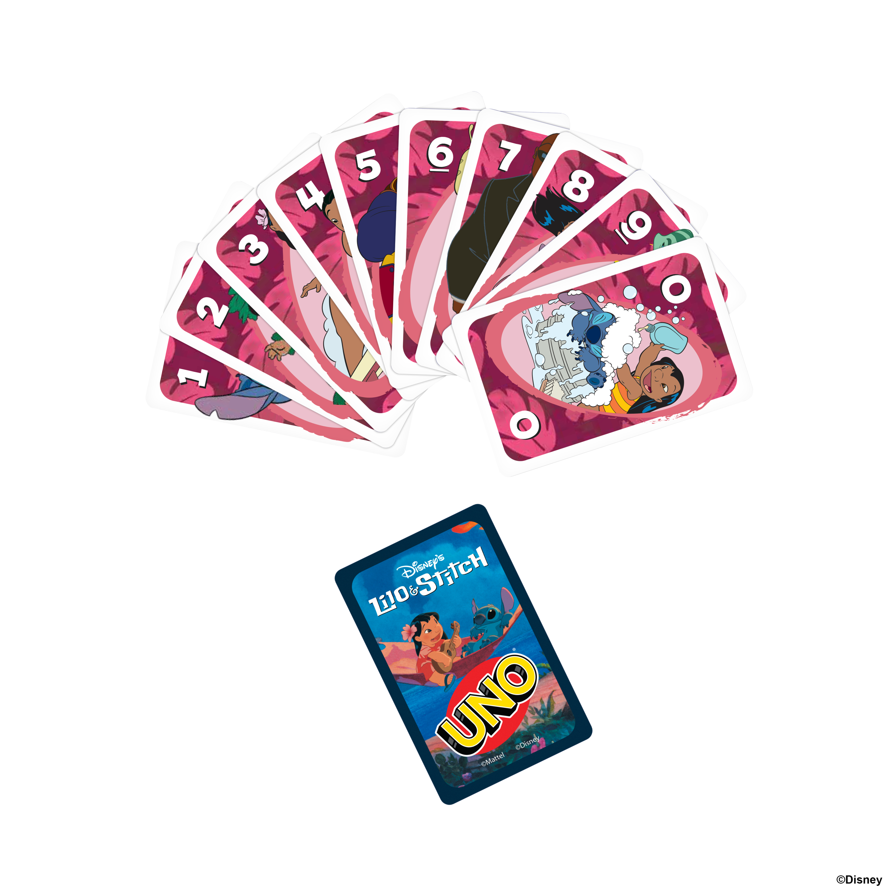 Lilo & Stitch Uno Karten gefächert, mit einer Karte unten. Der Hintergrund ist weiß.