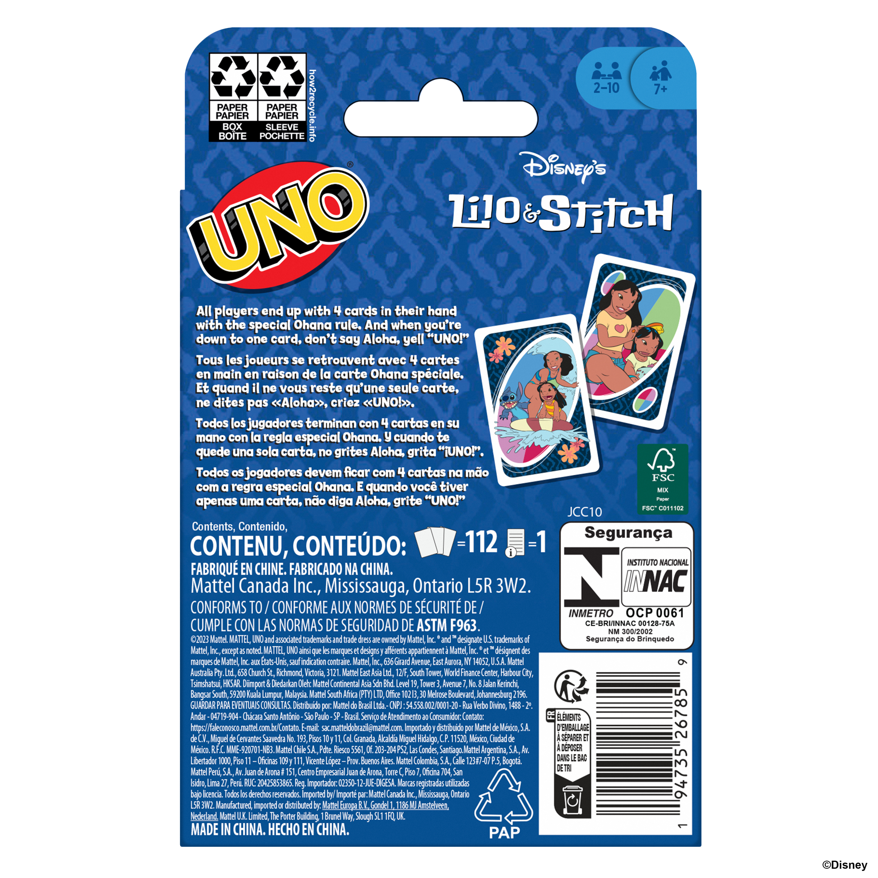 Die Schachtel zeigt das Disney UNO Lilo & Stitch Spiel. Es zeigt Lilo und Stitch auf der Vorderseite.