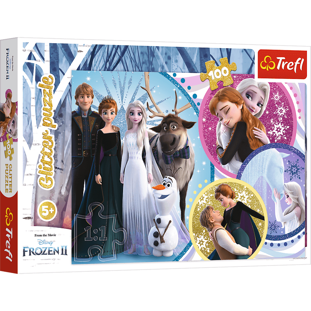Pudełko z puzzlami Frozen II. Elsa, Anna, Kristoff, Sven i Olaf są na nim. Pudełko mówi Glitter Puzzle i ma logo Trefl.
