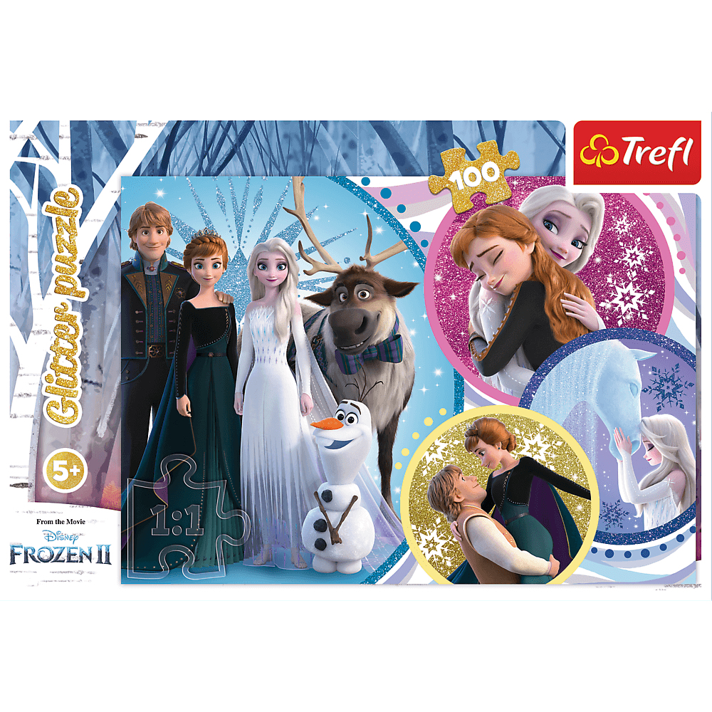 Puzzle z brokatem Frozen II. Elsa, Anna, Kristoff i Olaf stoją ze Svenem. Inne obrazy przedstawiają postacie w kołach.