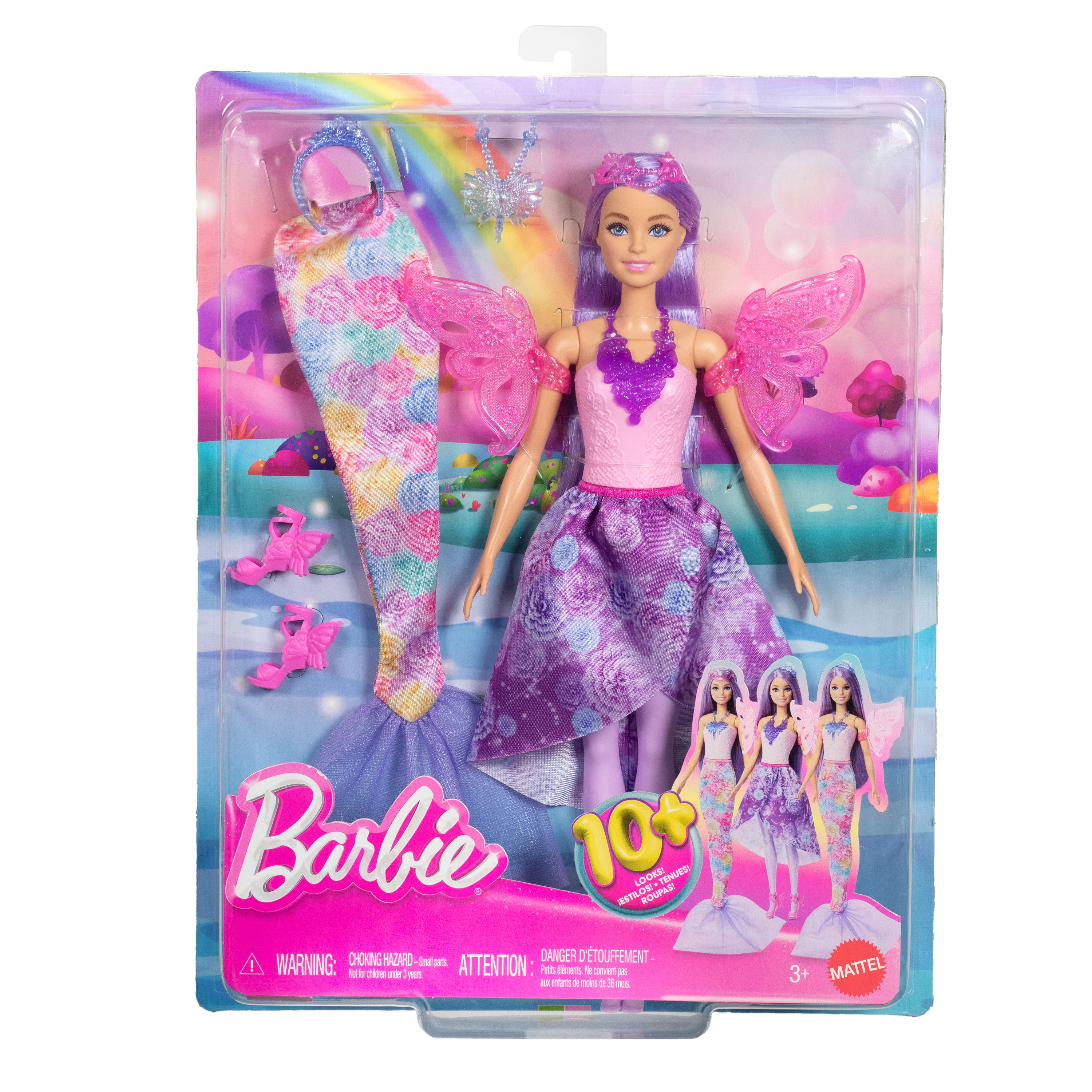 Lalka Barbie w opakowaniu. Pokazuje wróżkę Barbie, ze skrzydłami, akcesoriami i ogonem syreny.