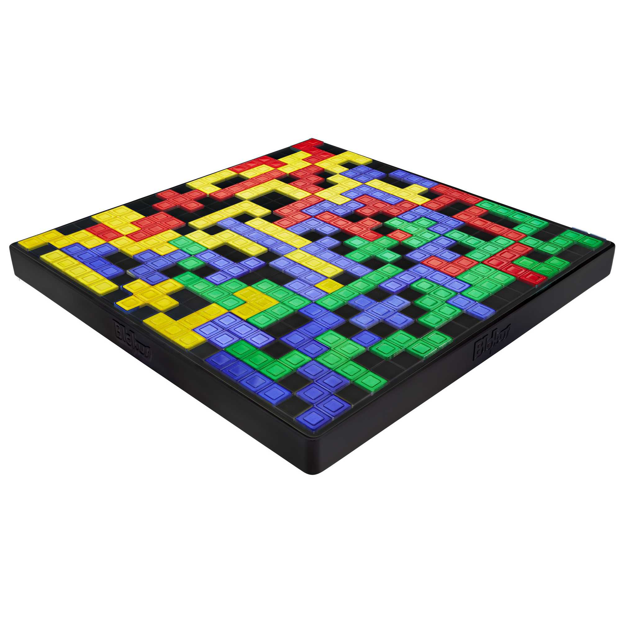 Ein quadratisches Brettspiel mit farbigen Blöcken: rot, gelb, grün und blau. Das Brett hat einen schwarzen Rand.