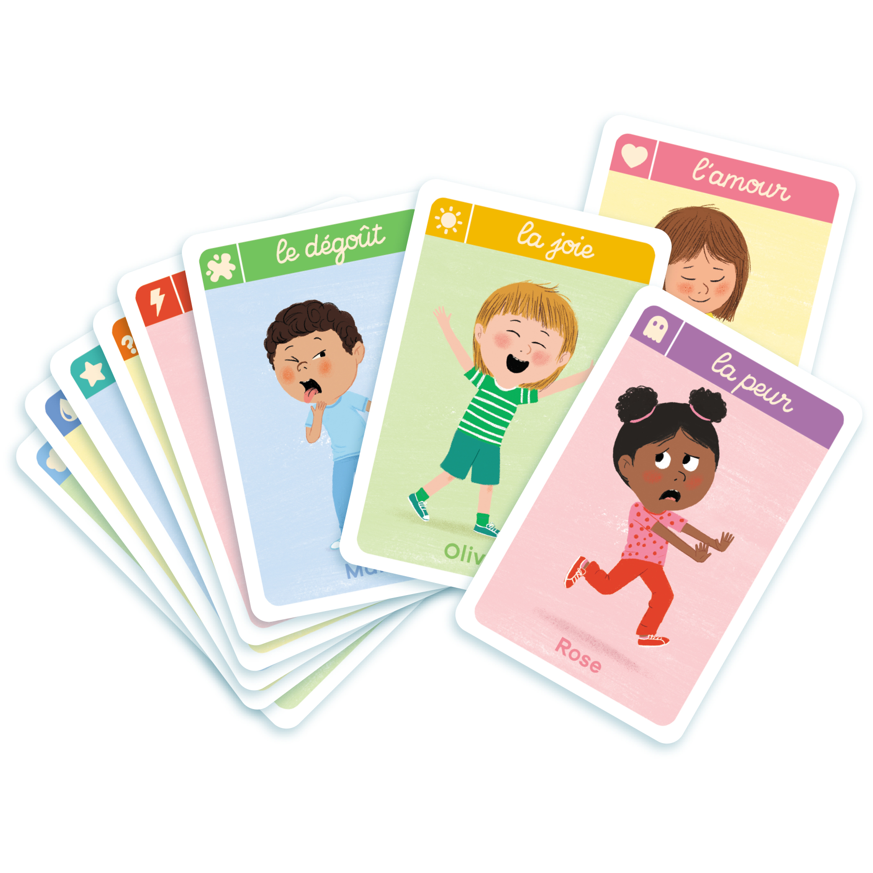 Carte con bambini che mostrano emozioni. Sono raffigurati disgusto, gioia, paura e amore. Sono visibili sfondi di diversi colori.