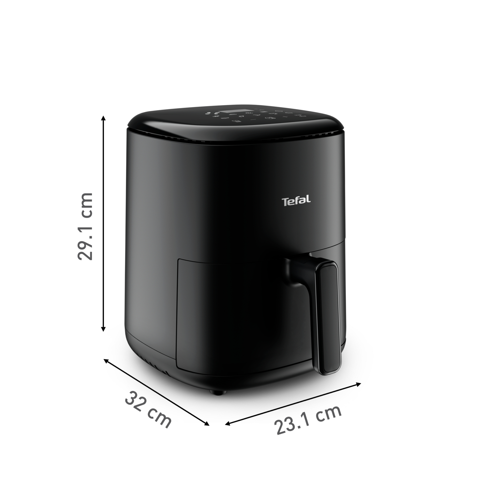 Friggitrice ad aria Tefal nera con manico, dimensioni mostrate. È su sfondo bianco. Le dimensioni sono 29,1 cm, 32 cm e 23,1 cm.