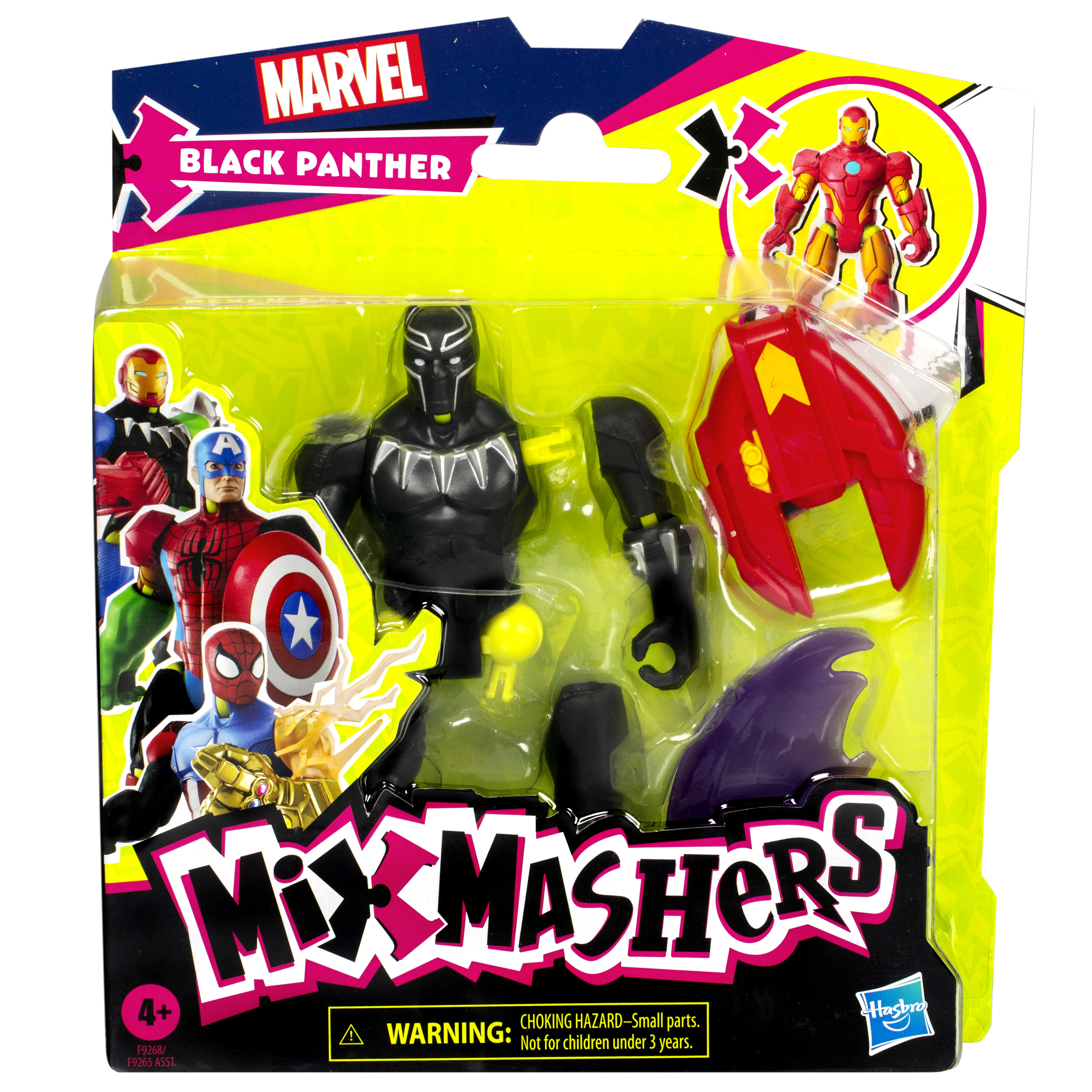Figura de acción de Black Panther en un paquete de Marvel Mix Mashers. Incluye a Iron Man, Spider-Man y Capitán América.