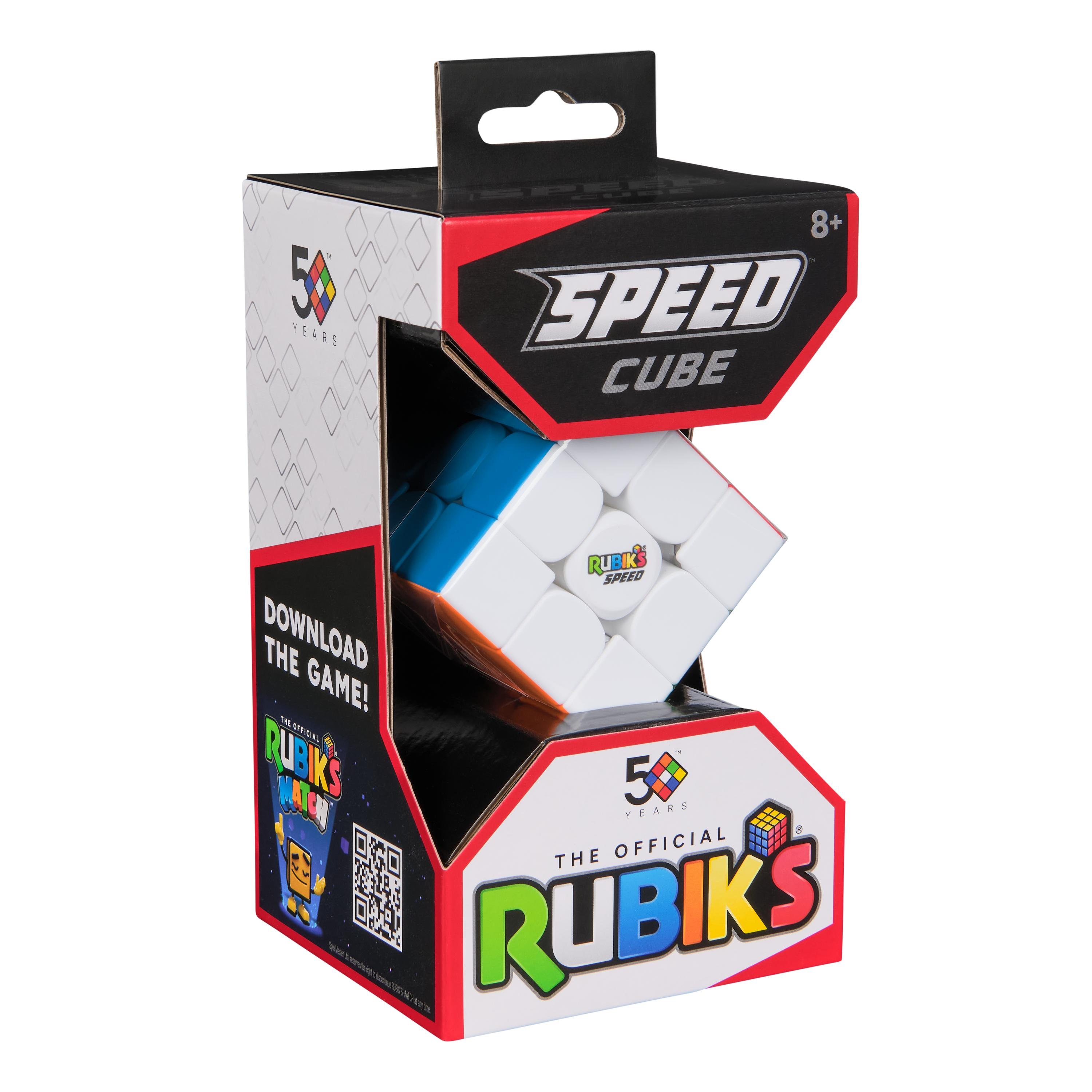 Una scatola di Cubo di Rubik con il cubo all'interno. La scatola è bianca, rossa e nera, con testo e un codice QR.