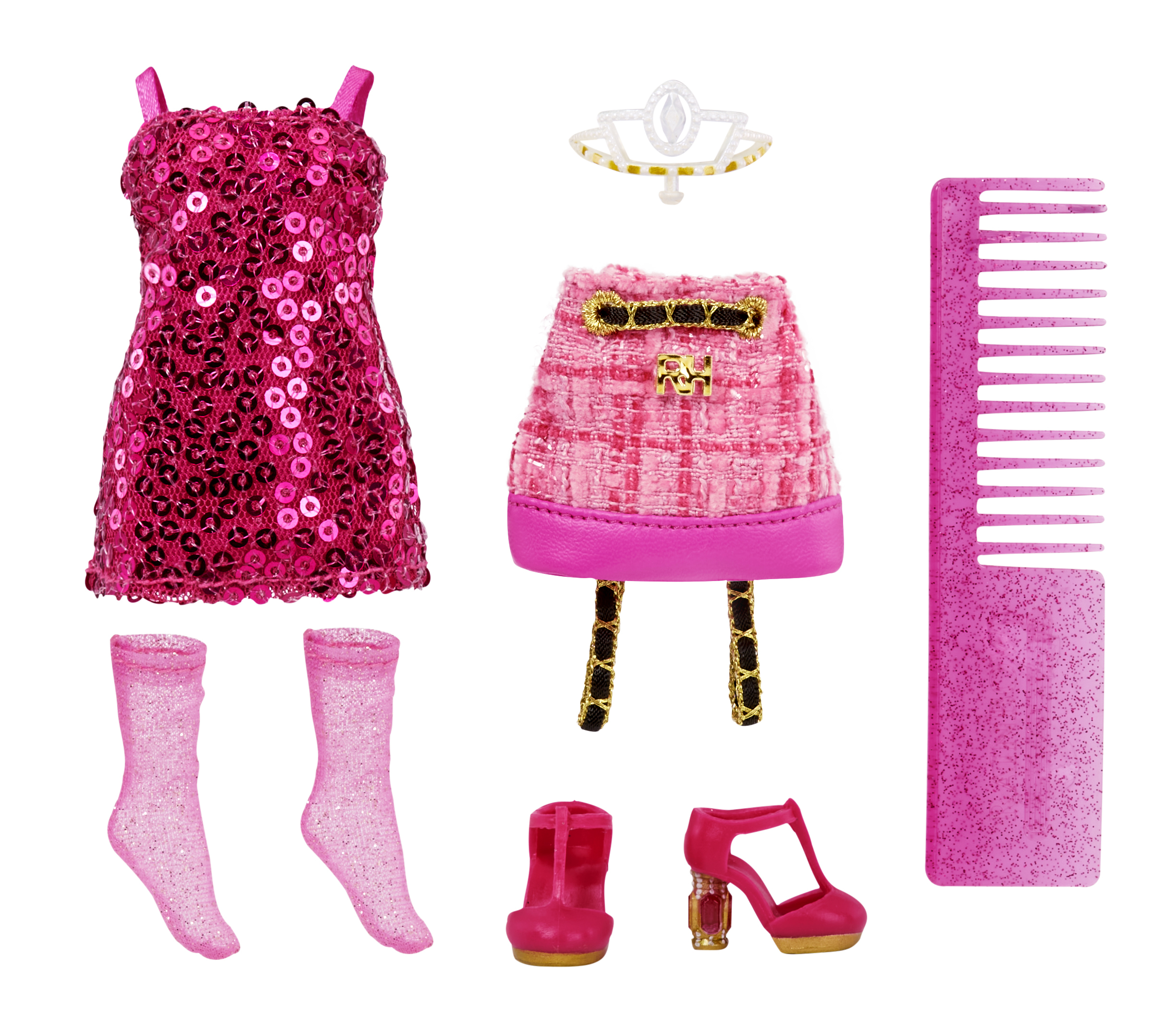 Różowa sukienka z cekinami, skarpetki, torebka, grzebień, buty i tiara, na białym tle.
