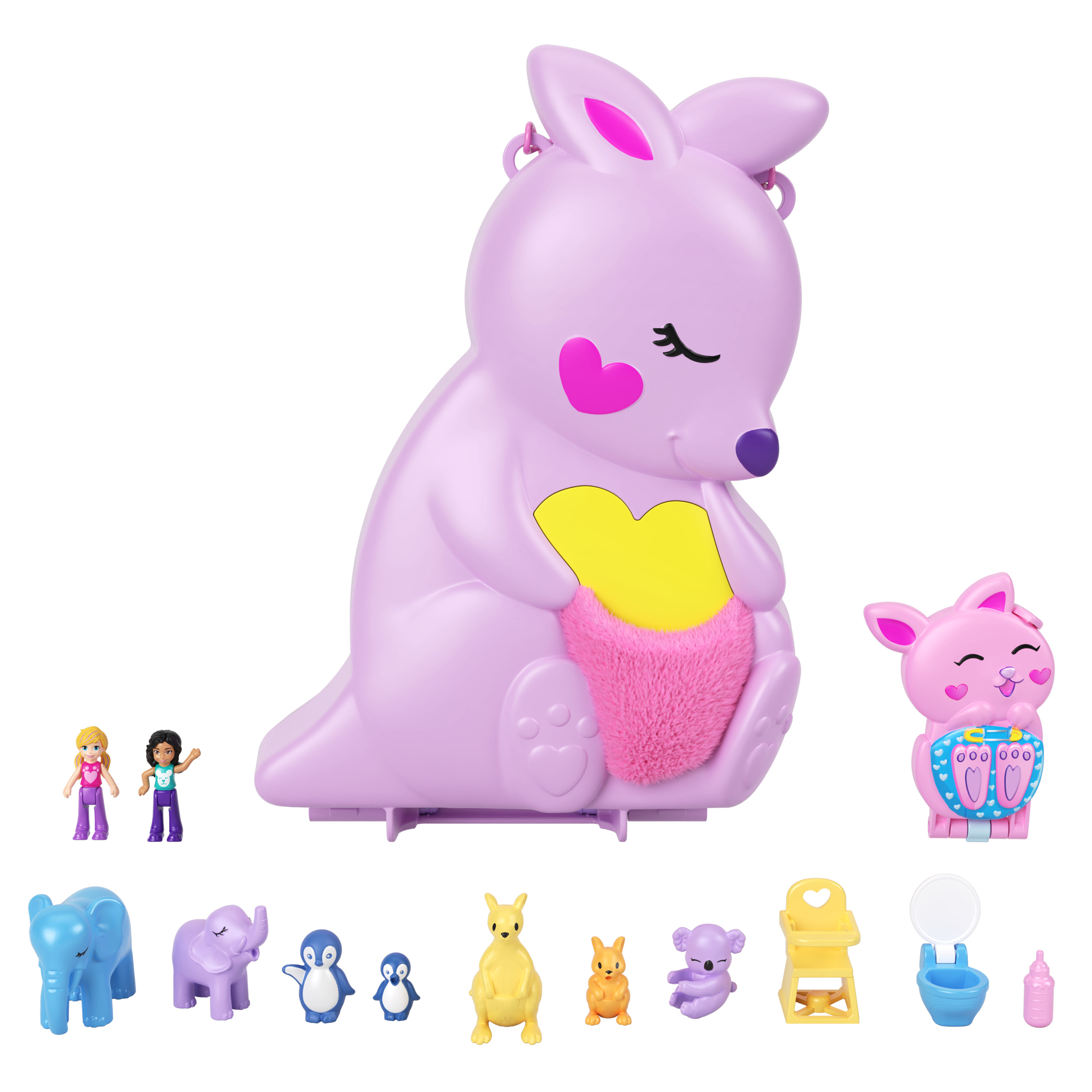 Un juguete con forma de canguro con varias figuras de animales y accesorios, todo en colores pastel, sobre fondo blanco.