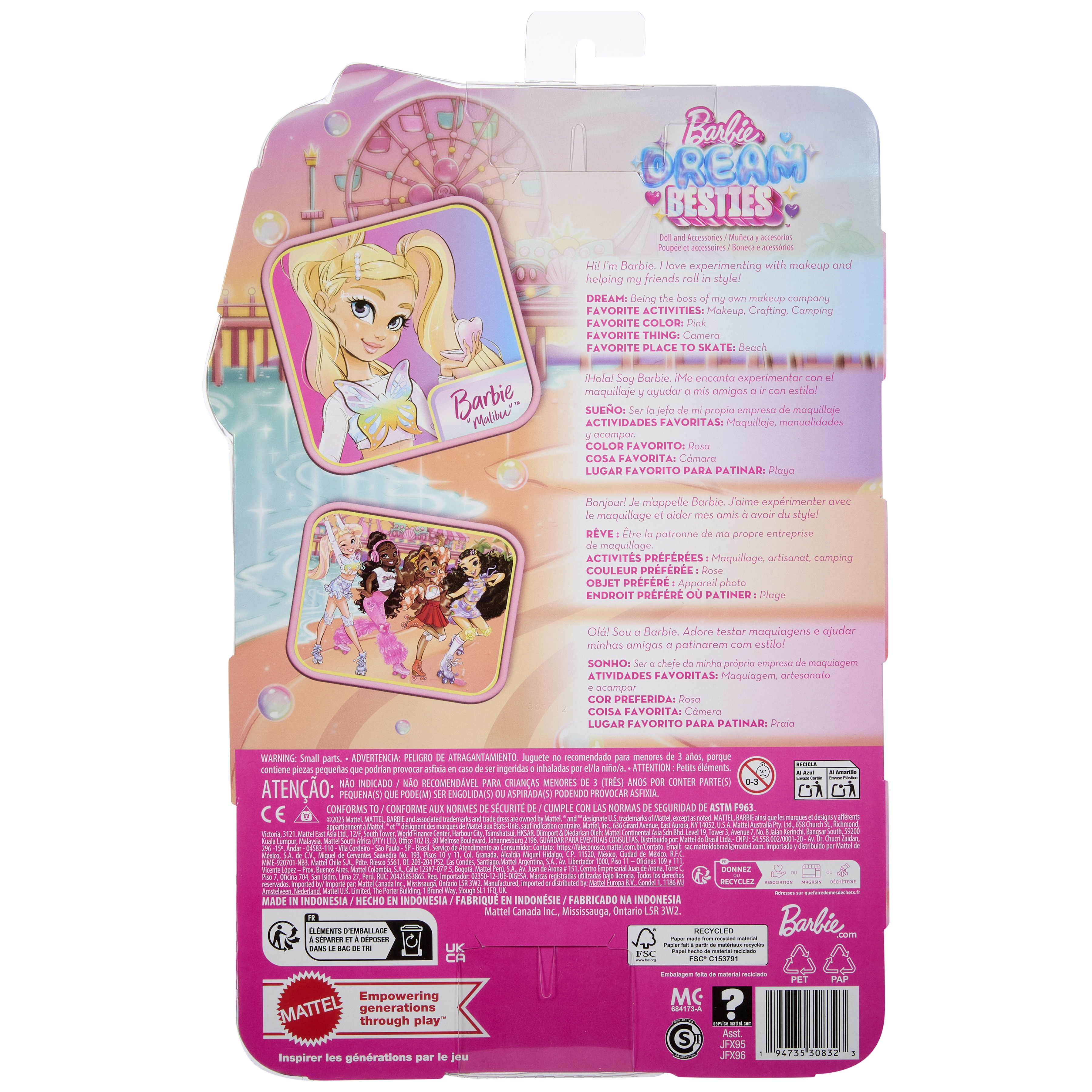 Pudełko Barbie Dream Besties. Lalka Barbie z makijażem, przyjaciółkami i akcesoriami. Tło jest różowe.