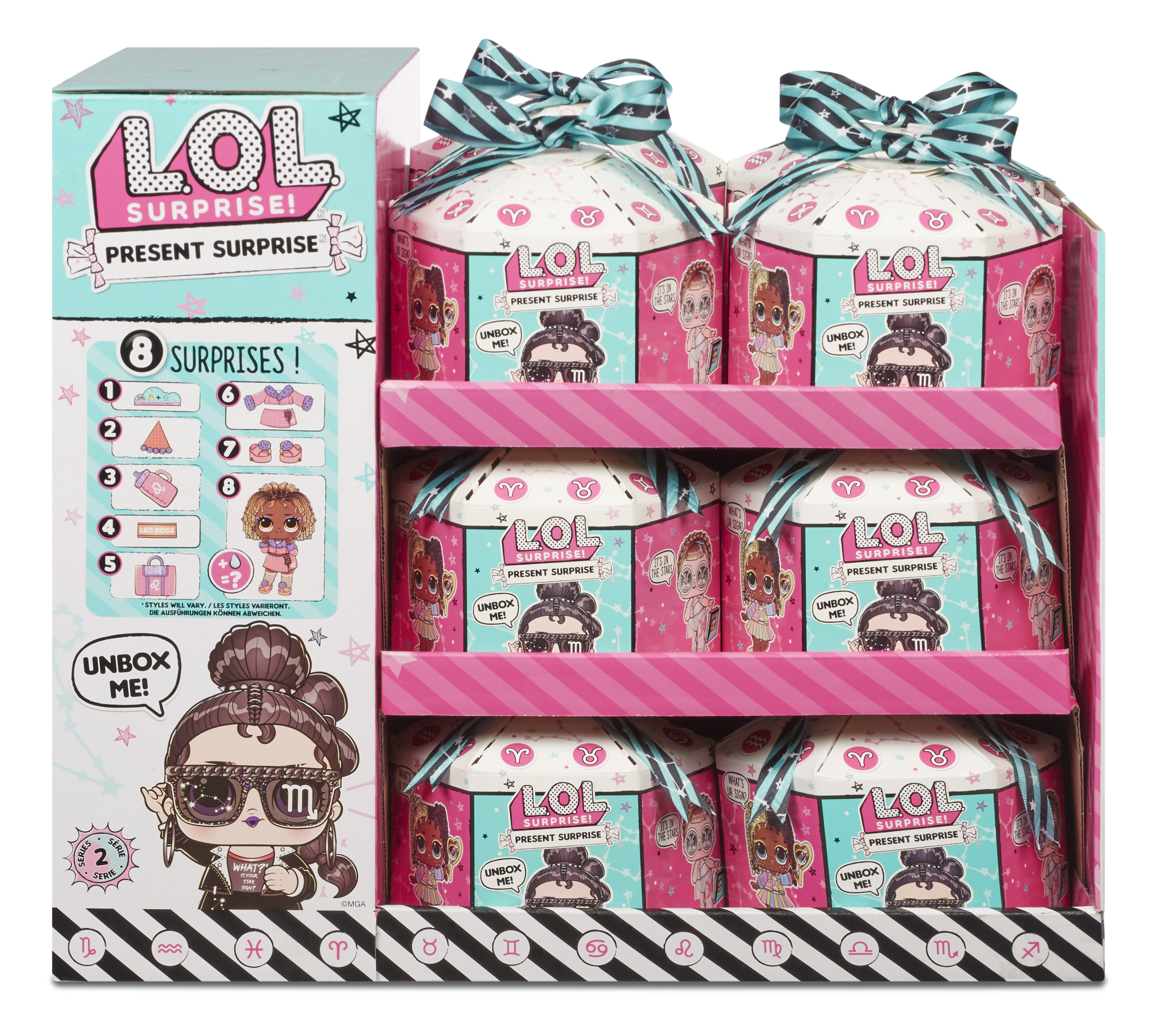 Pudełko z lalkami LOL Surprise!. Pudełko ma wiele pojemników na lalki z kokardkami na górze.