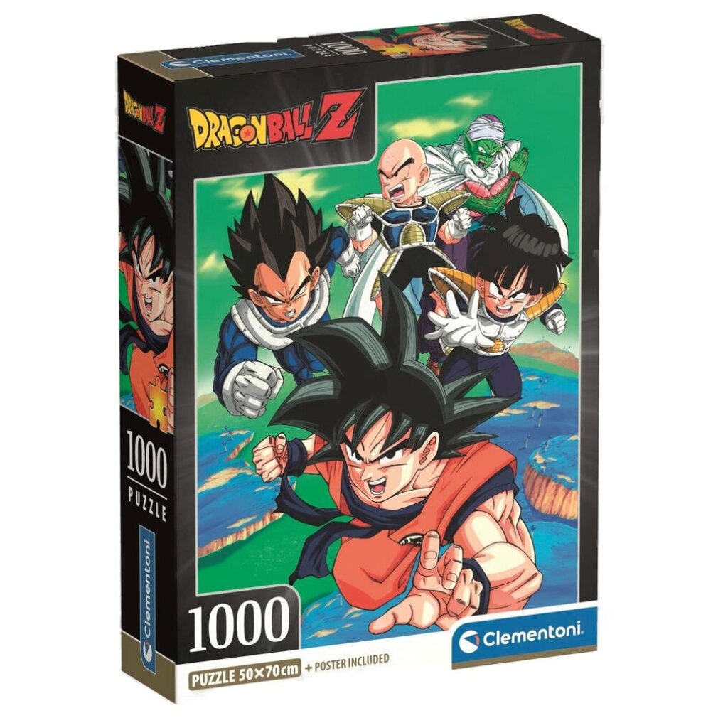 Pudełko z puzzlami Dragon Ball Z z postaciami takimi jak Goku. Pudełko jest czarne z obrazkiem z puzzli na przodzie, pokazującym kilka postaci.