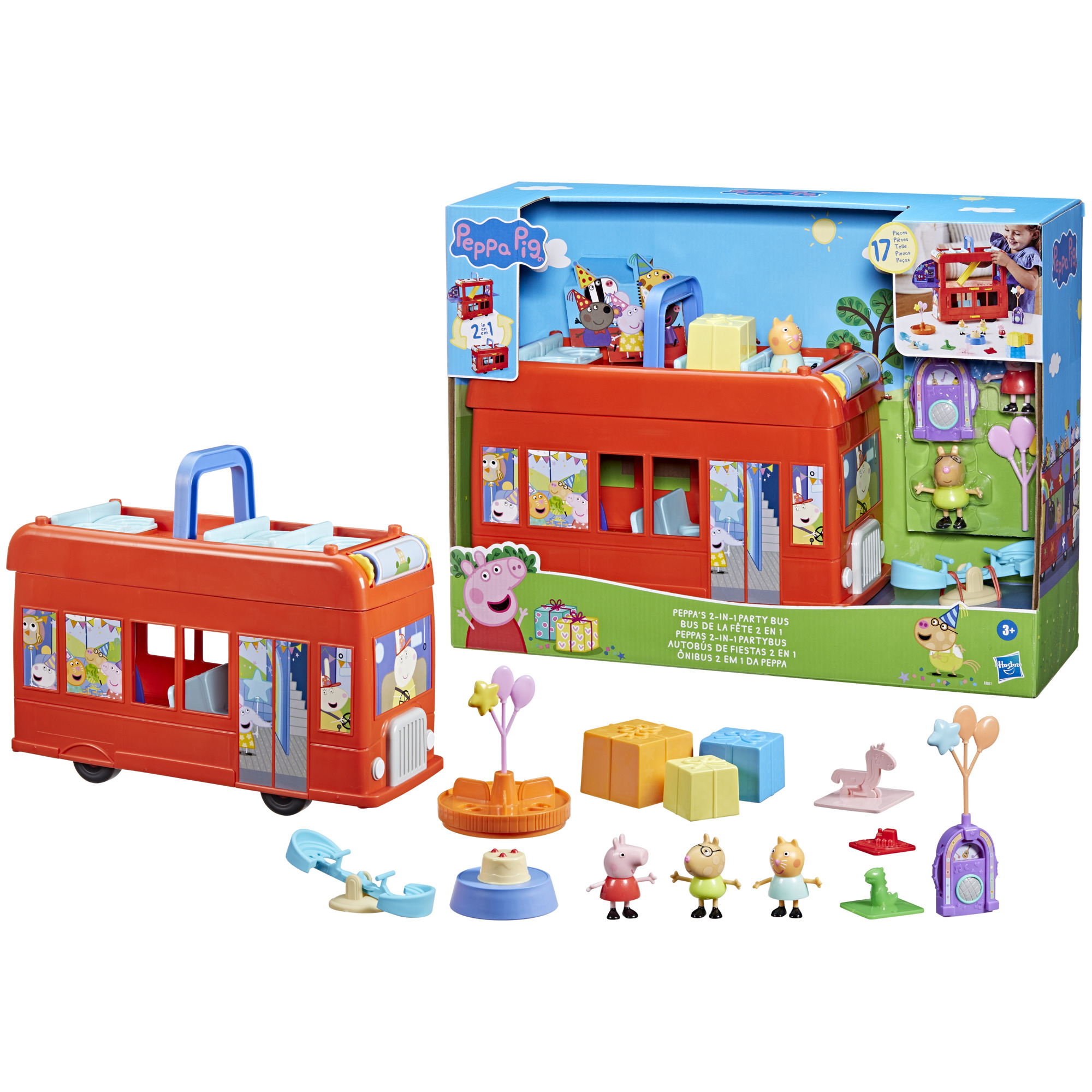 Un juego de juguetes del autobús de fiesta de Peppa Pig, con un autobús rojo, figuritas y varios accesorios de fiesta.