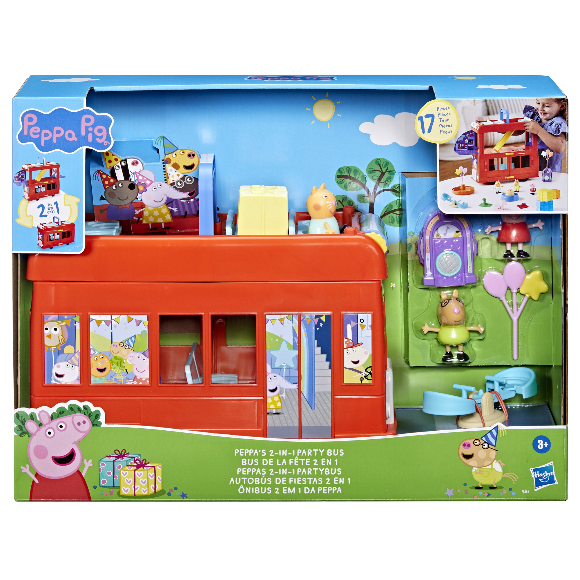 Un juego de juguetes del autobús de fiesta de Peppa Pig en una caja. Cuenta con figuras de juguete y un autobús rojo con varias ventanas. La caja tiene texto.