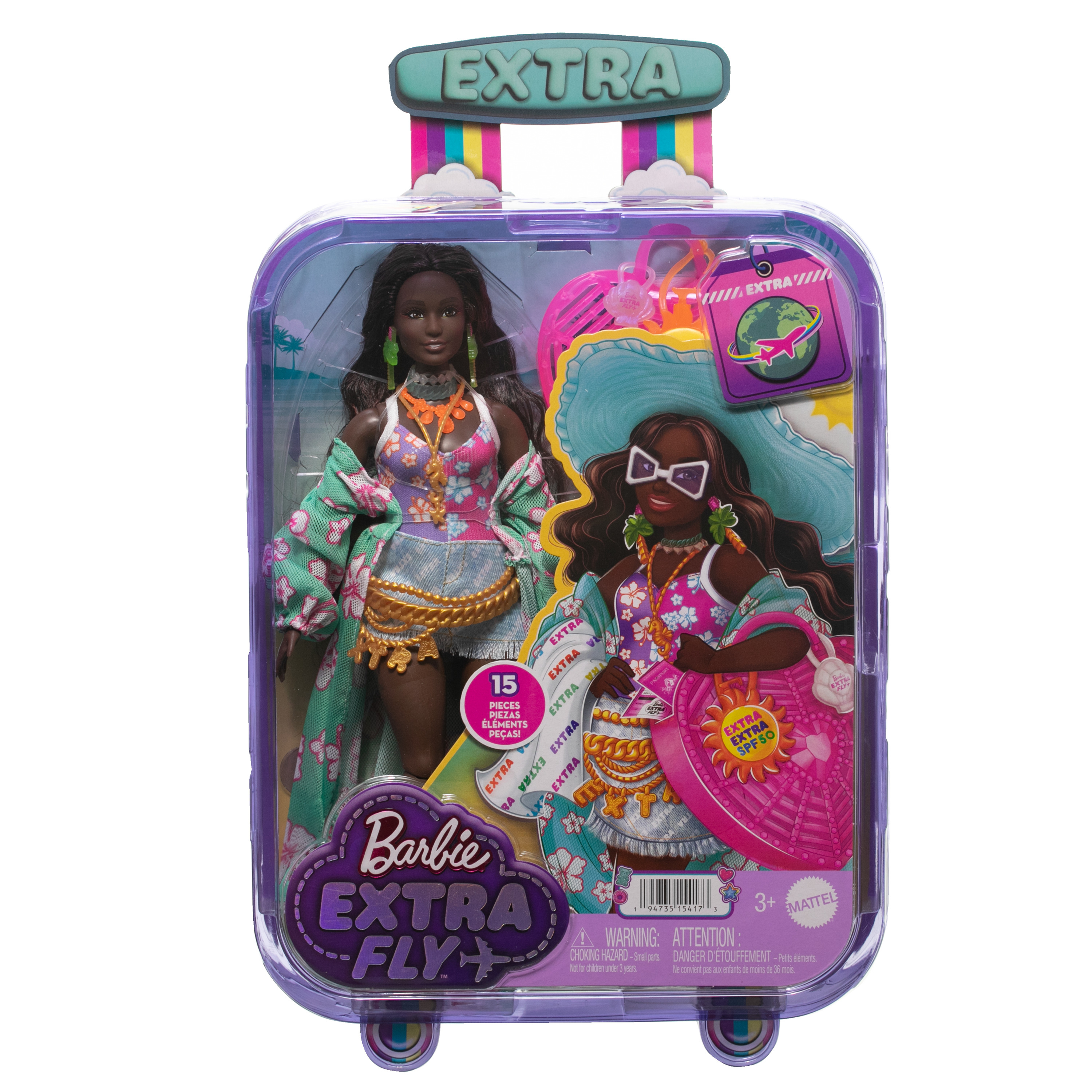 Barbie Extra Fly Puppe in einem kofferförmigen Paket. Die Puppe trägt ein farbenfrohes Outfit und Accessoires.