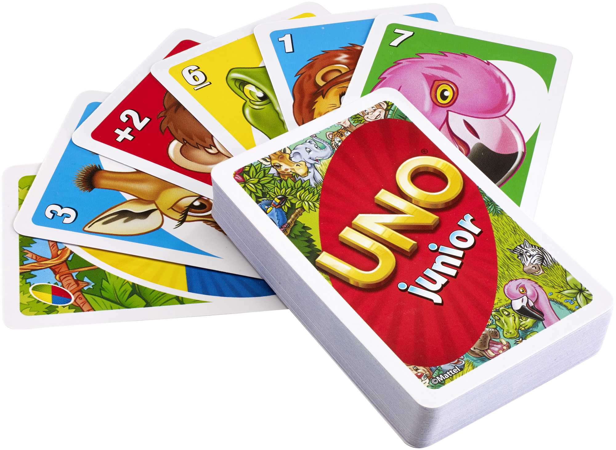 Ein Stapel UNO Junior-Karten. Einige Karten sind sichtbar und zeigen Zahlen, Tiere und das UNO Junior-Logo. Karten sind farbenfroh.