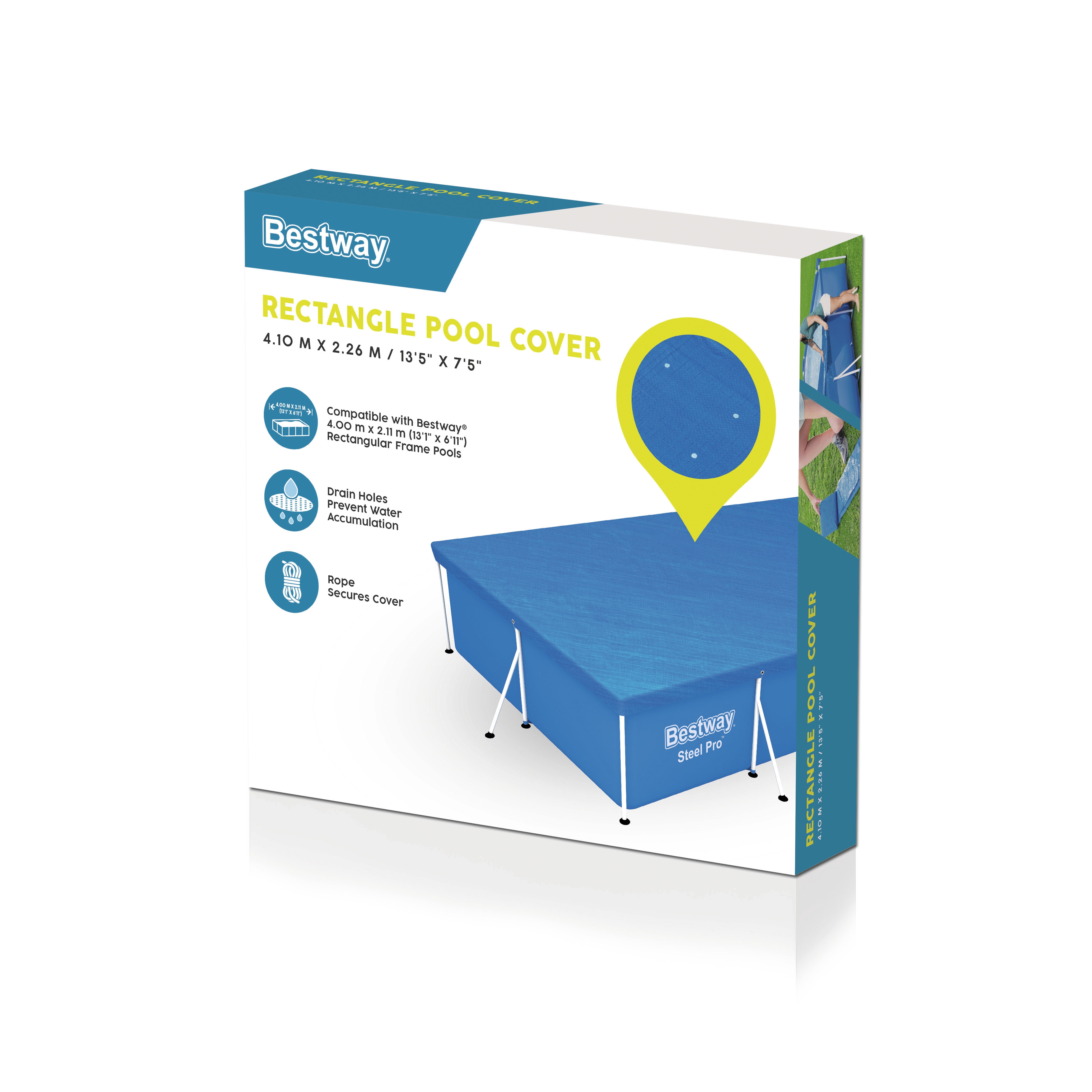 Eine Bestway Rechteck-Poolabdeckung. Es ist blau. Der Text lautet Rechteck-Poolabdeckung.