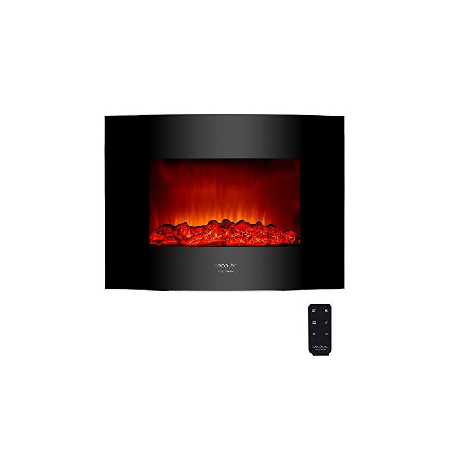 Chimenea eléctrica negra con efecto de llama roja. Mando a distancia abajo. La marca es Cecotec.