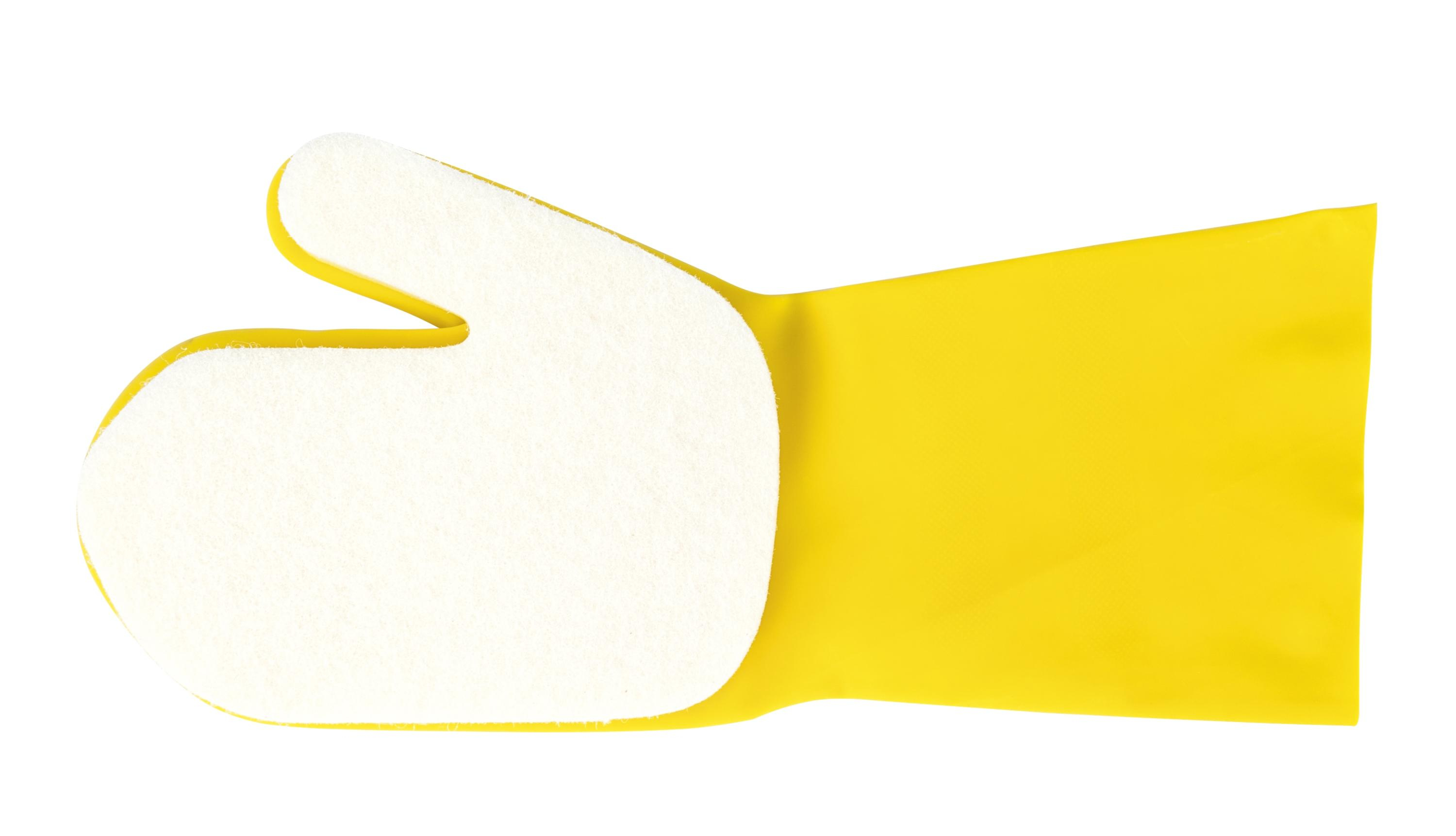 Un gant de nettoyage jaune avec un tampon de nettoyage blanc attaché à la paume. Le fond est blanc.