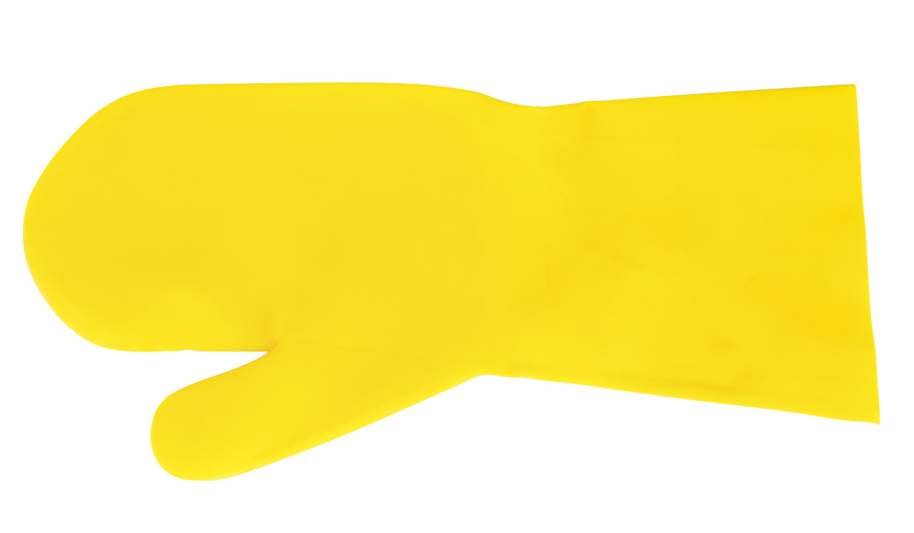 Un gant en caoutchouc jaune, avec un pouce et quatre sections de doigts, est isolé sur fond blanc. Le gant est lisse et propre.