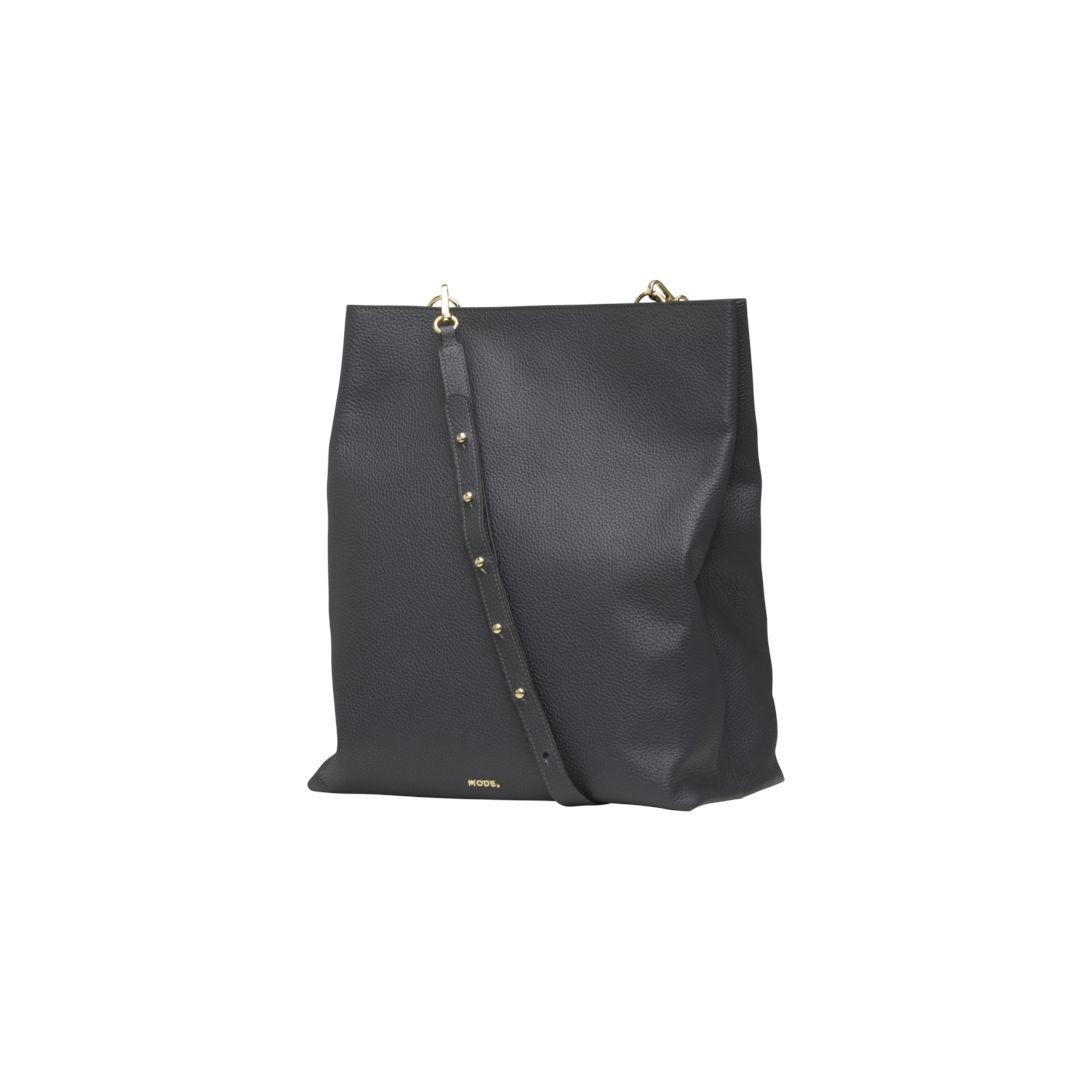 Dunkelgraue Ledertasche mit Schulterriemen und goldenen Akzenten, vor weißem Hintergrund.