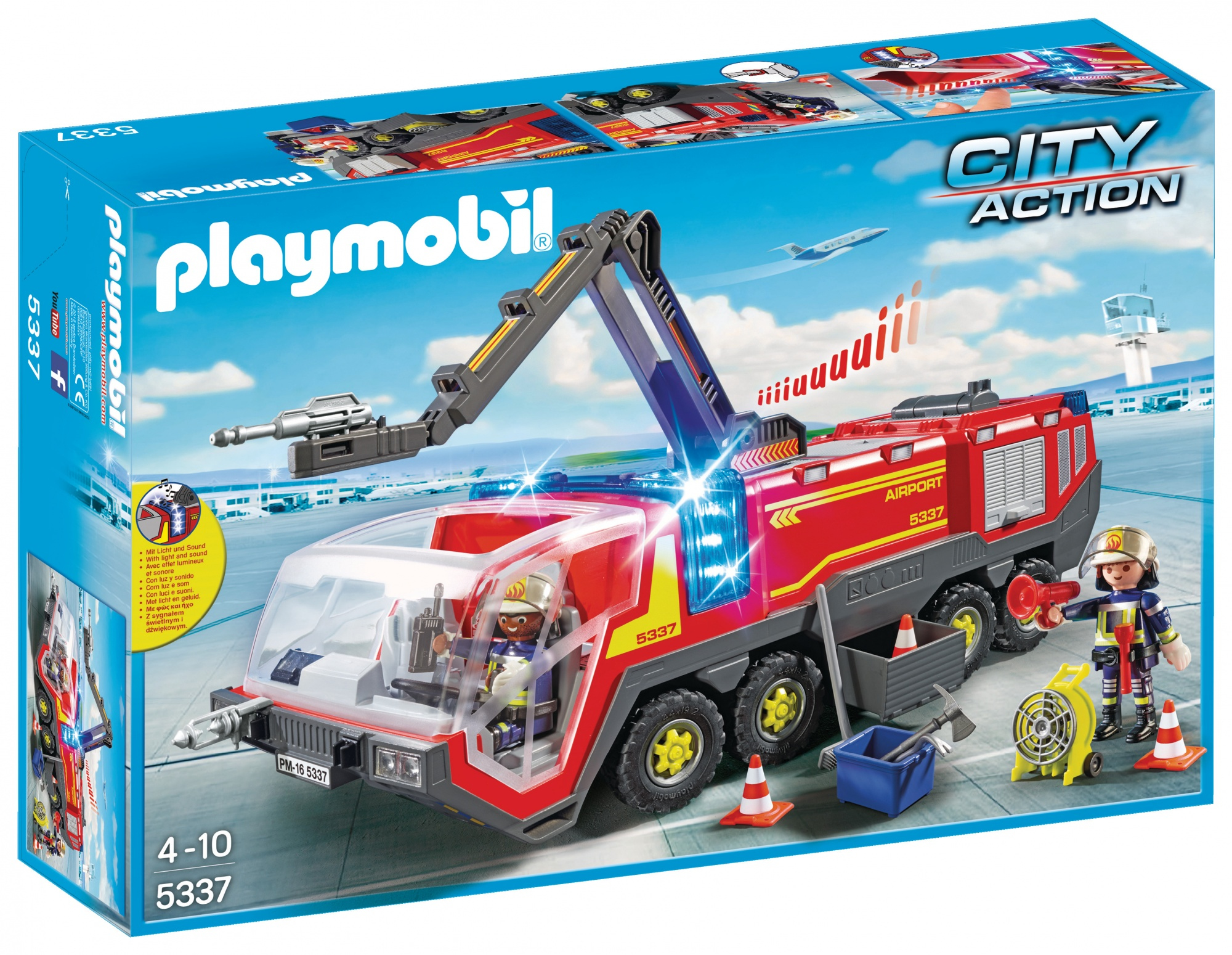 Zabawka Playmobil wóz strażacki lotniskowy. Czerwona i żółta ciężarówka z dźwigiem, światłami i figurkami strażaków.