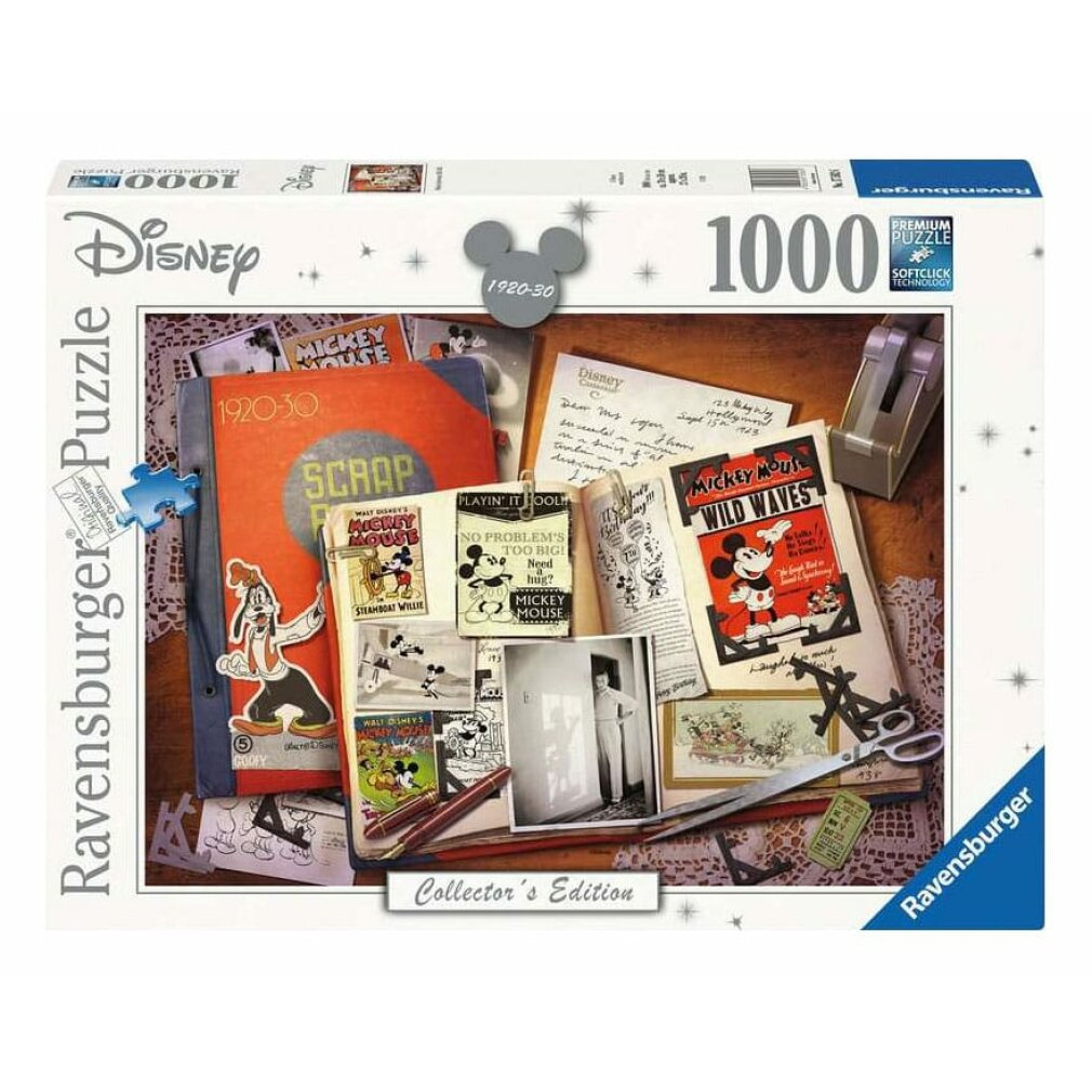Una scatola di puzzle Ravensburger da 1000 pezzi con un collage di cimeli di Topolino. Include libri, foto e forbici.