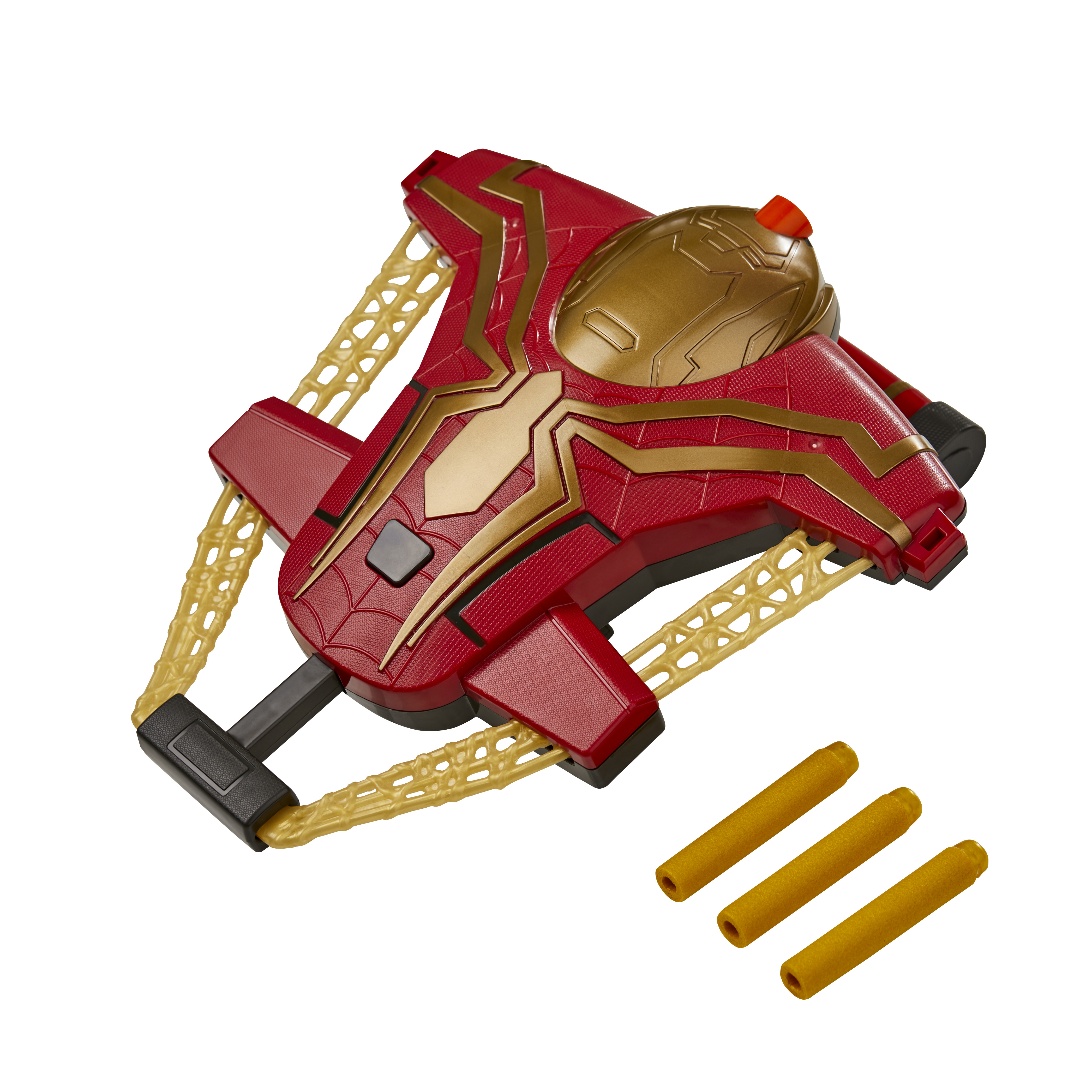 Czerwono-złota zabawka Spider-Man z trzema żółtymi strzałkami, na białym tle.