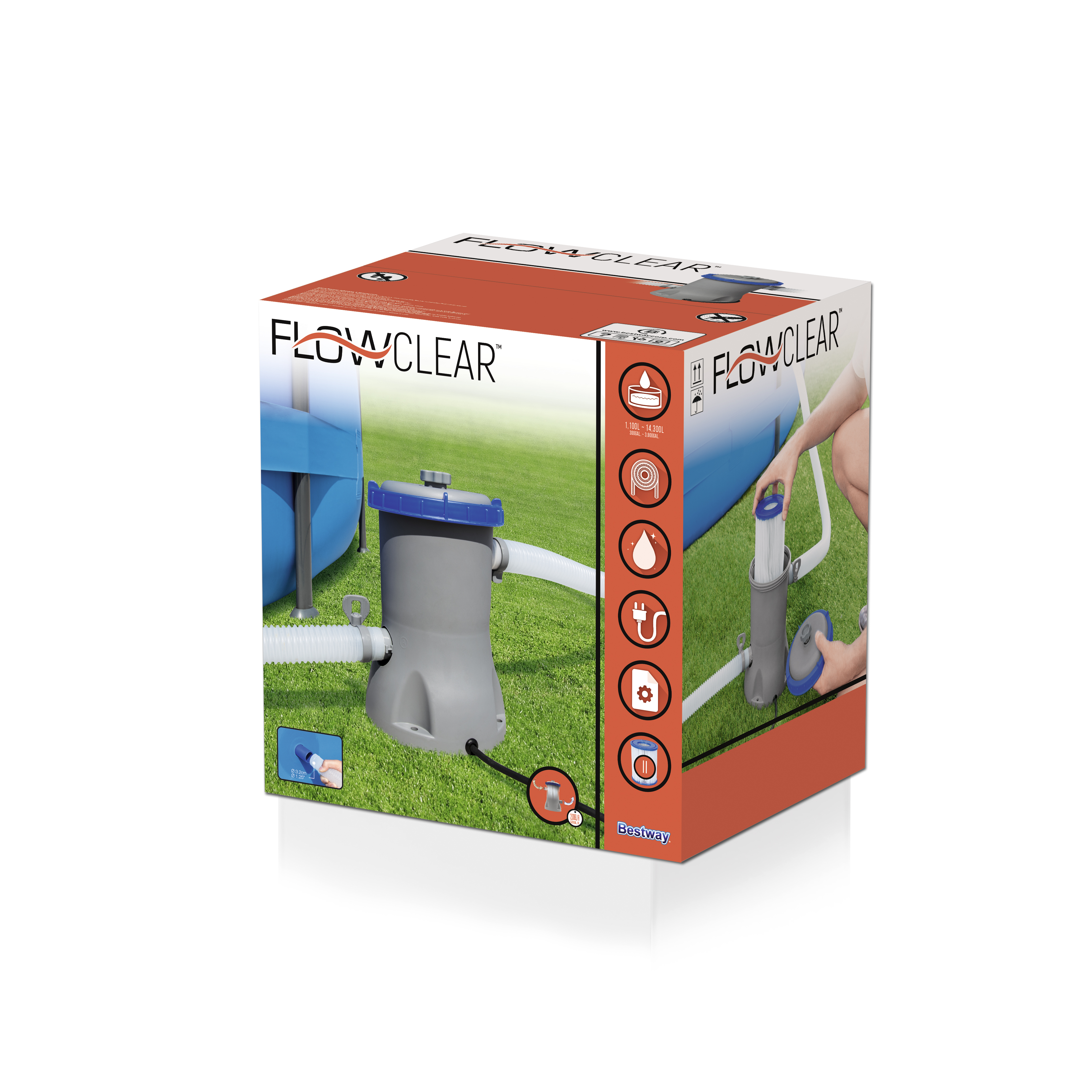 Boîte montrant un filtre de piscine avec un schéma. La boîte porte la marque FLOWCLEAR. Une personne assemble le filtre.