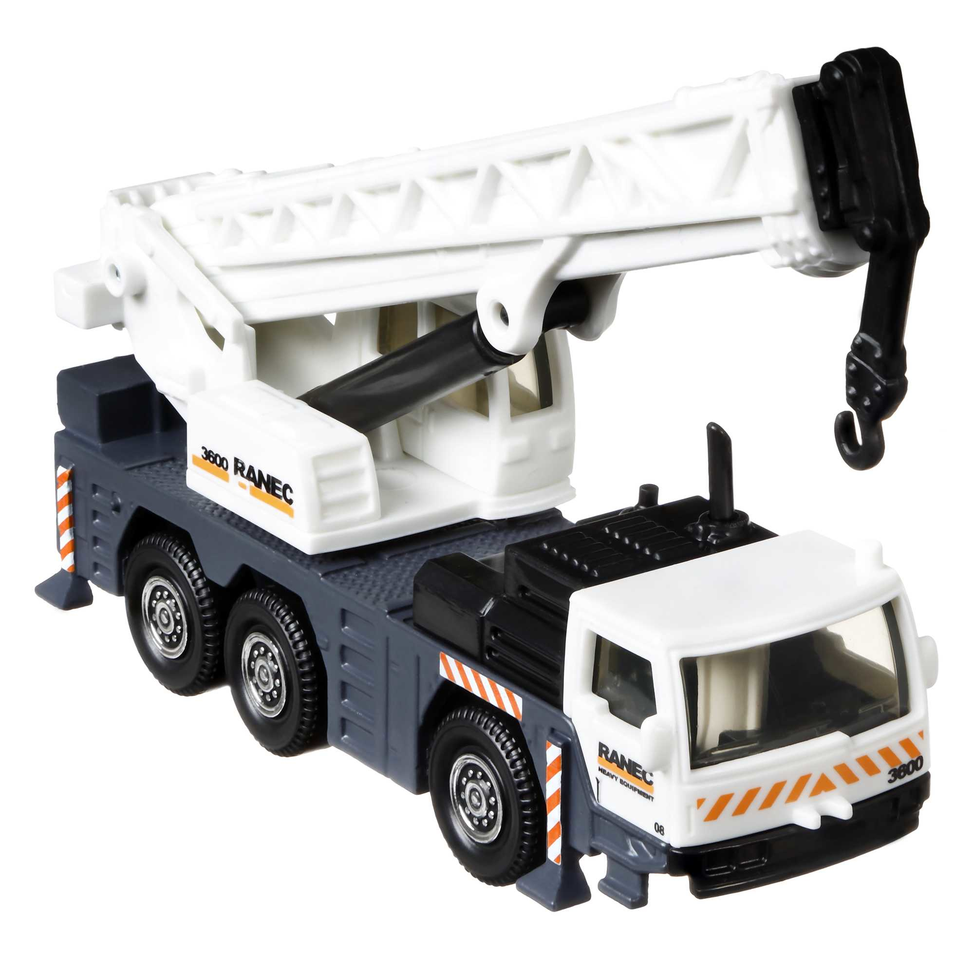 Biało-szara zabawka dźwigowa. Ramię dźwigu jest białe, a hak czarny. Ciężarówka ma pomarańczowe i białe paski.