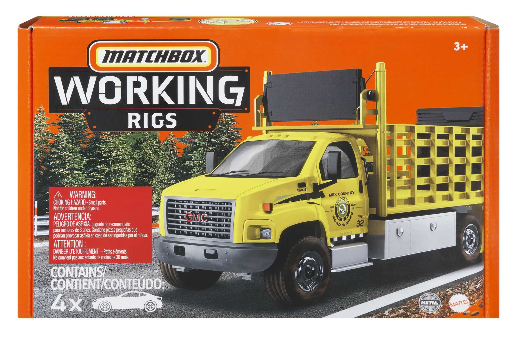 Żółta zabawka ciężarówki Matchbox, seria 'Working Rigs', na pomarańczowym pudełku, logo GMC, wiek 3+.