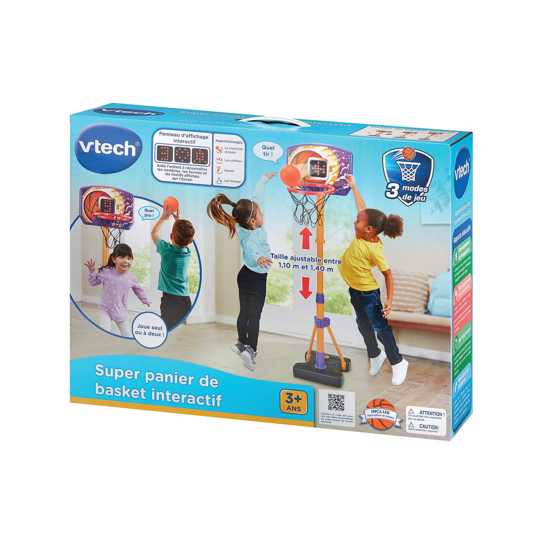 Una scatola con un gioco di basket per bambini. Tre bambini giocano con il giocattolo. La scatola ha testo e immagini.