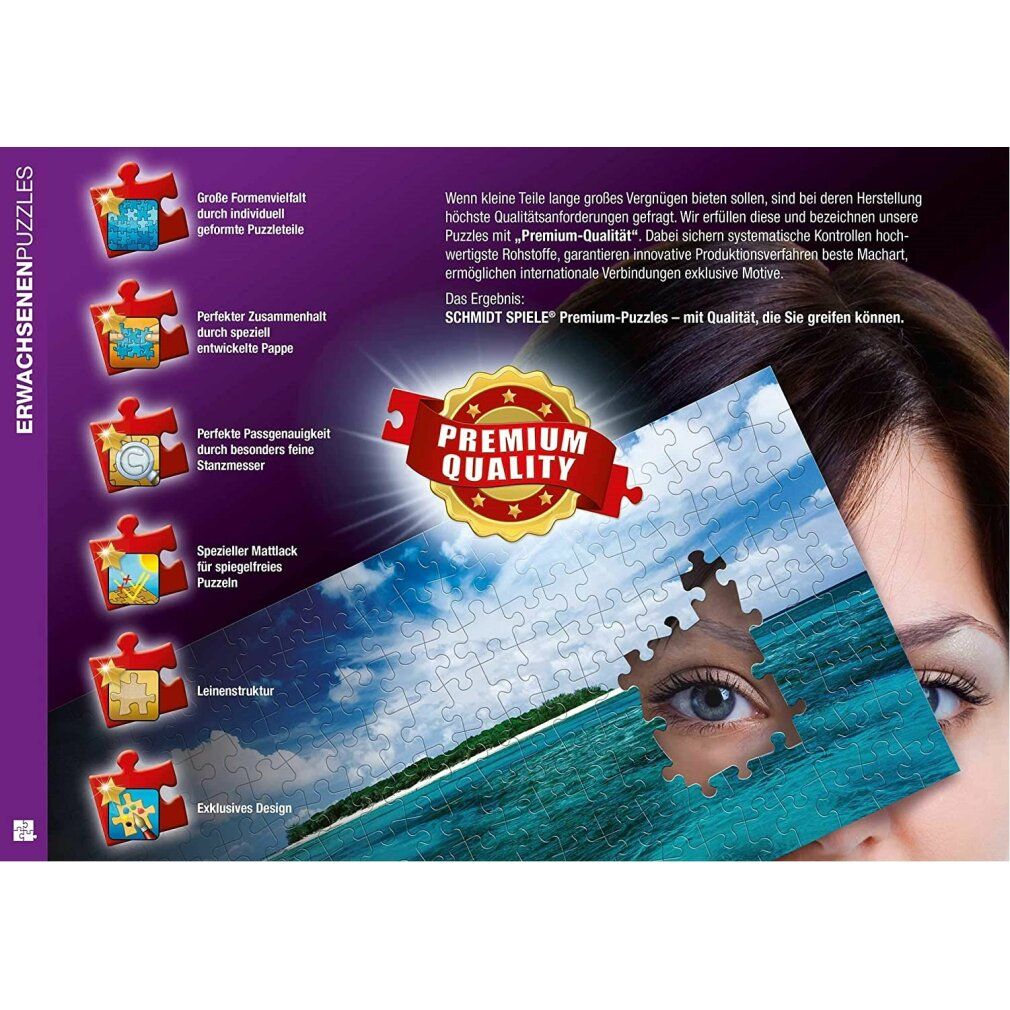 Ein Puzzle mit einer Strandszene, teilweise zusammengesetzt. Ein Auge einer Frau ist sichtbar. Text enthält 'Premium Qualität'.