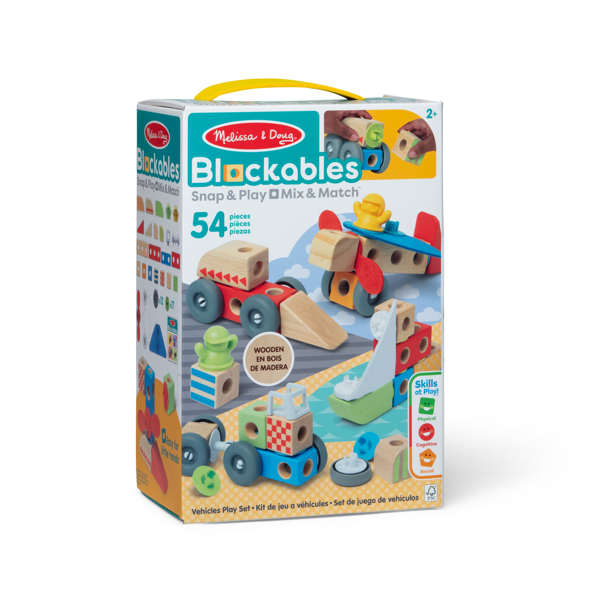 Una scatola di Blockables Melissa & Doug. Mostra blocchi di legno per costruire veicoli. Include le parole 'Snap & Play Mix & Match'.