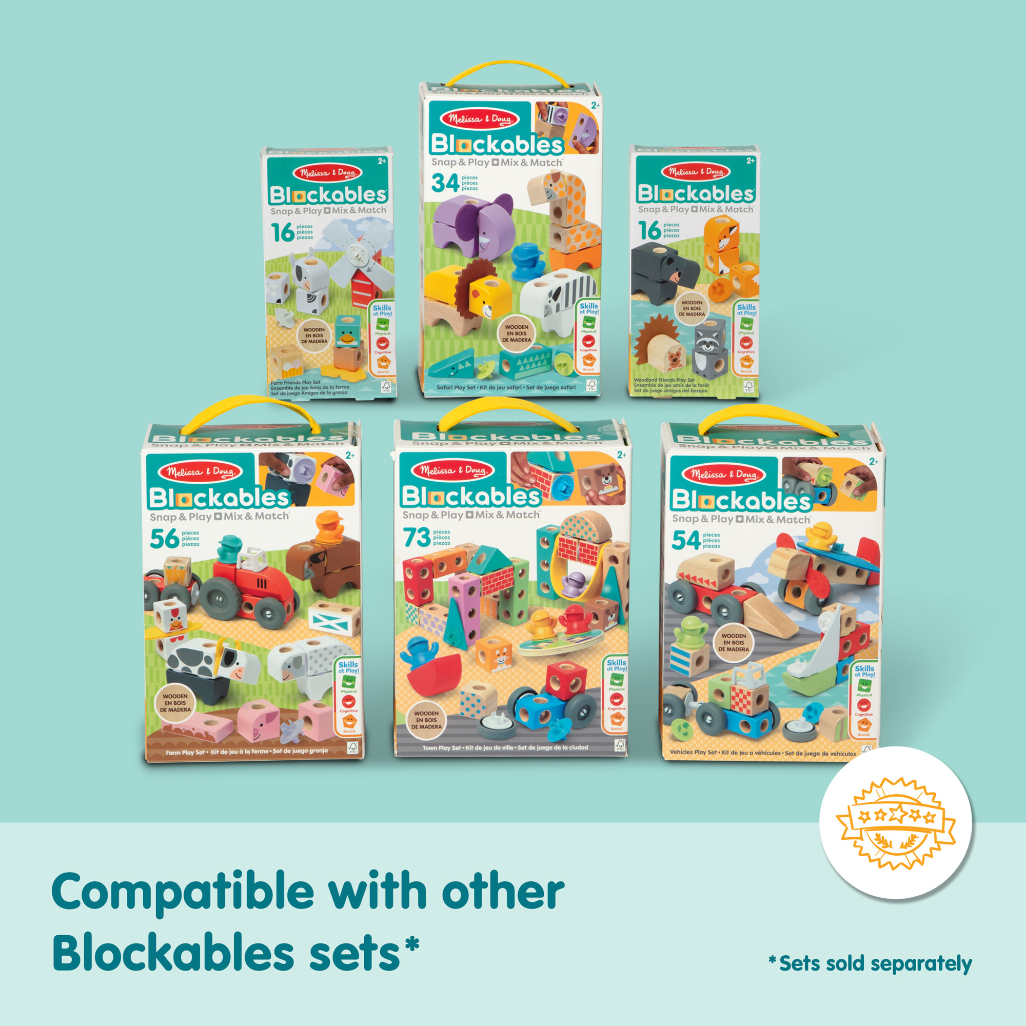 Vari set Melissa & Doug Blockables. Scatole con forme di animali e veicoli, da 16 a 73 pezzi. Compatibili con altri set.
