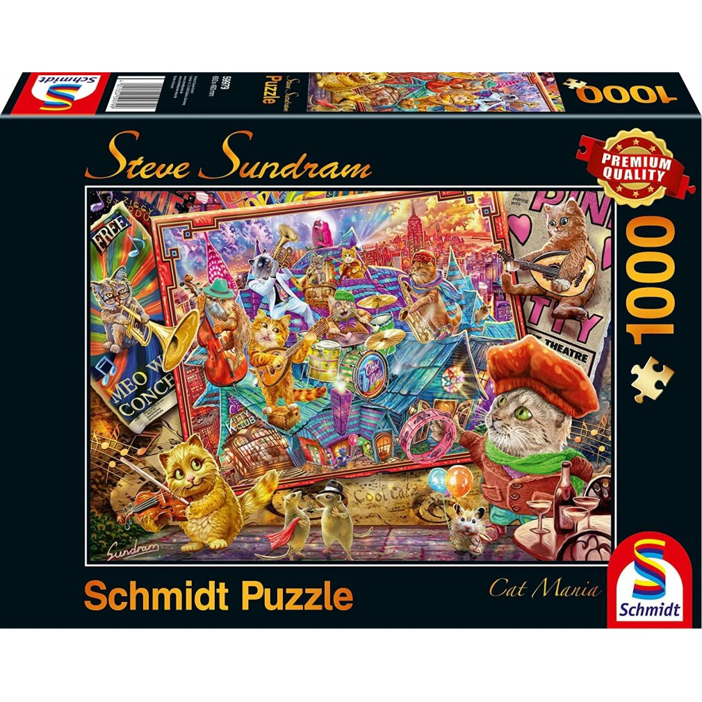 Eine Puzzleschachtel zeigt Katzen, die in einer Stadt Musikinstrumente spielen. Auf der Schachtel steht 'Schmidt Puzzle' und 'Cat Mania'.