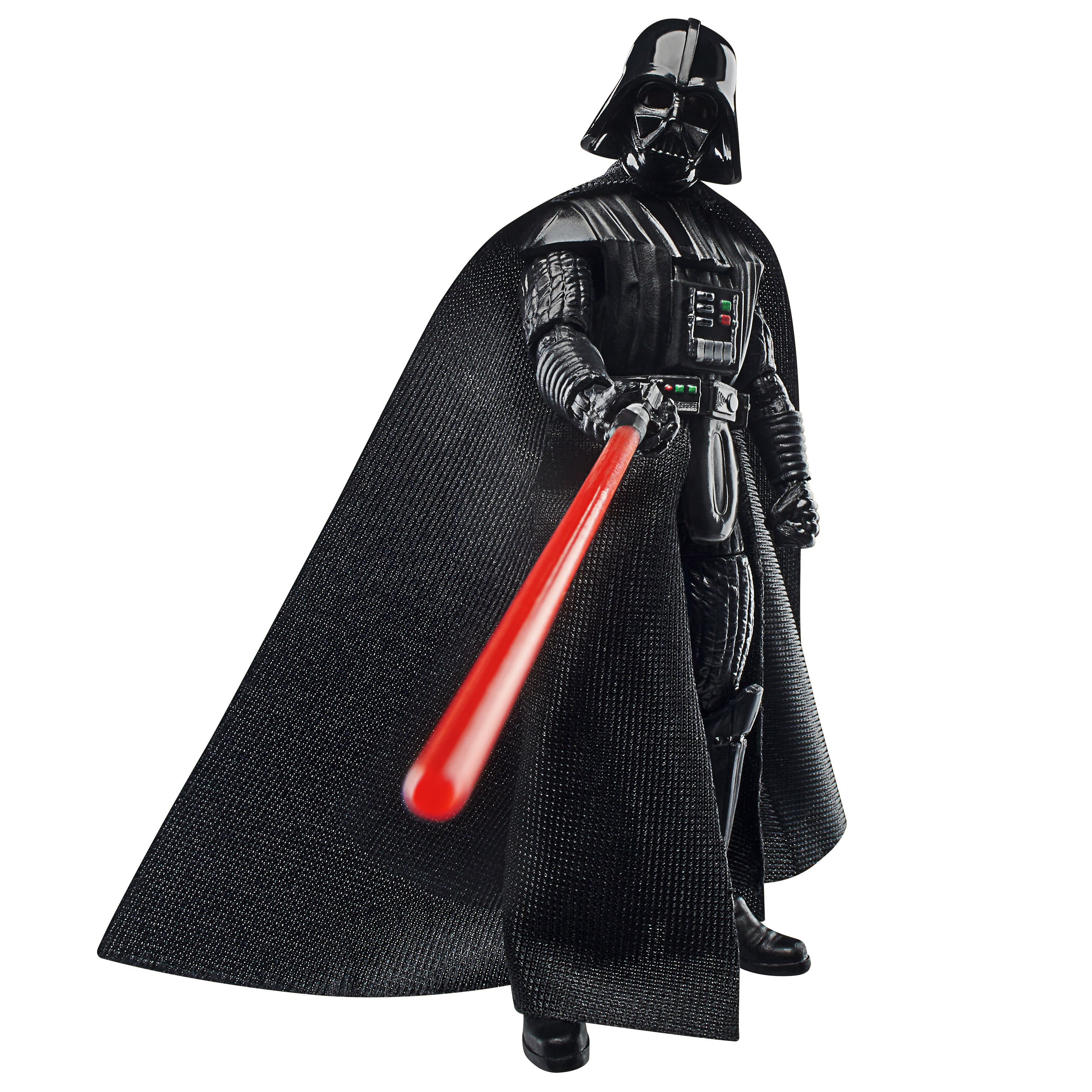 Darth Vader figürü, siyah miğfer, kostüm, pelerin ve kırmızı ışın kılıcı beyaz zemin üzerinde.