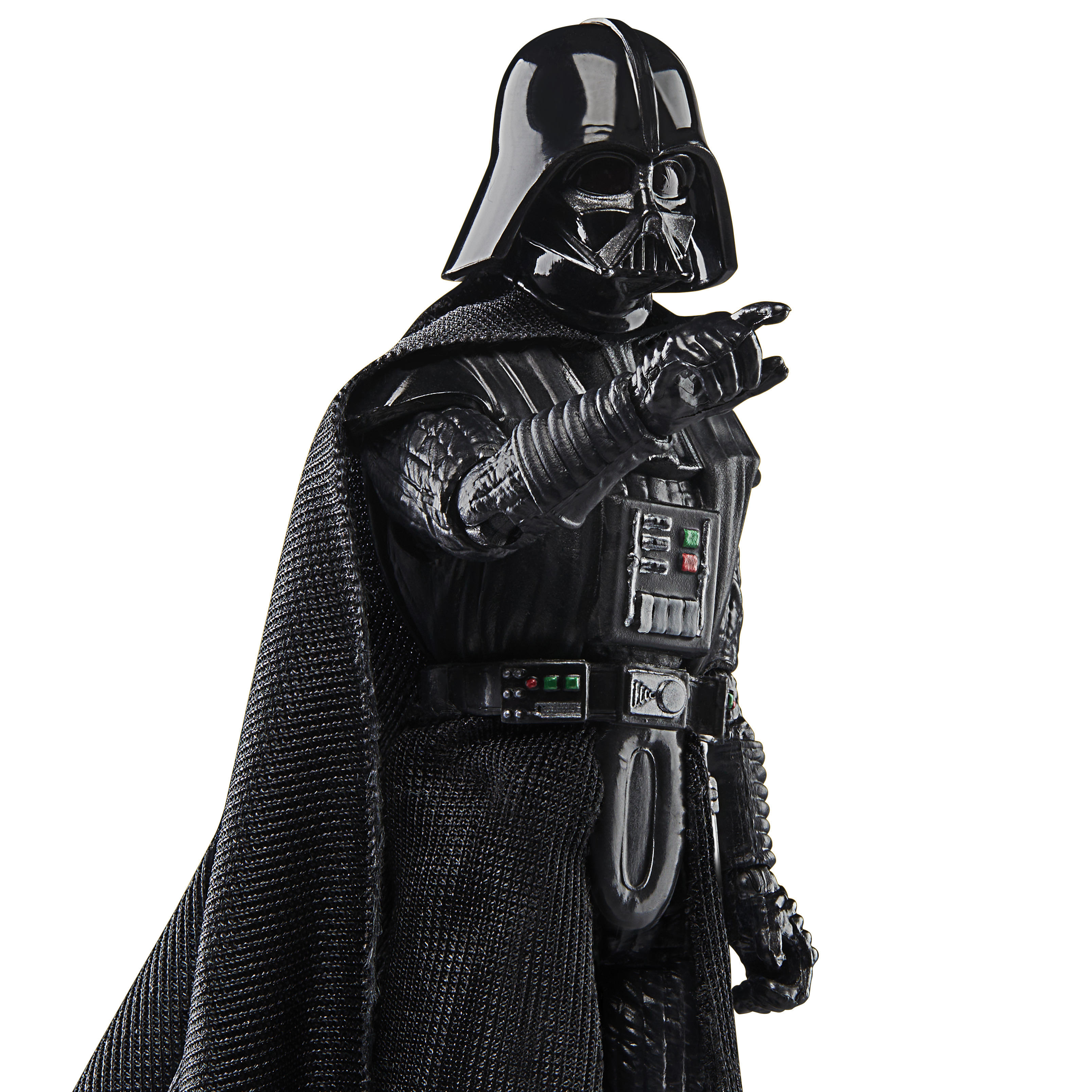 Siyah zırhlı Darth Vader figürü, işaret ediyor. Pelerin ve kask dahil, beyaz zemin üzerinde.