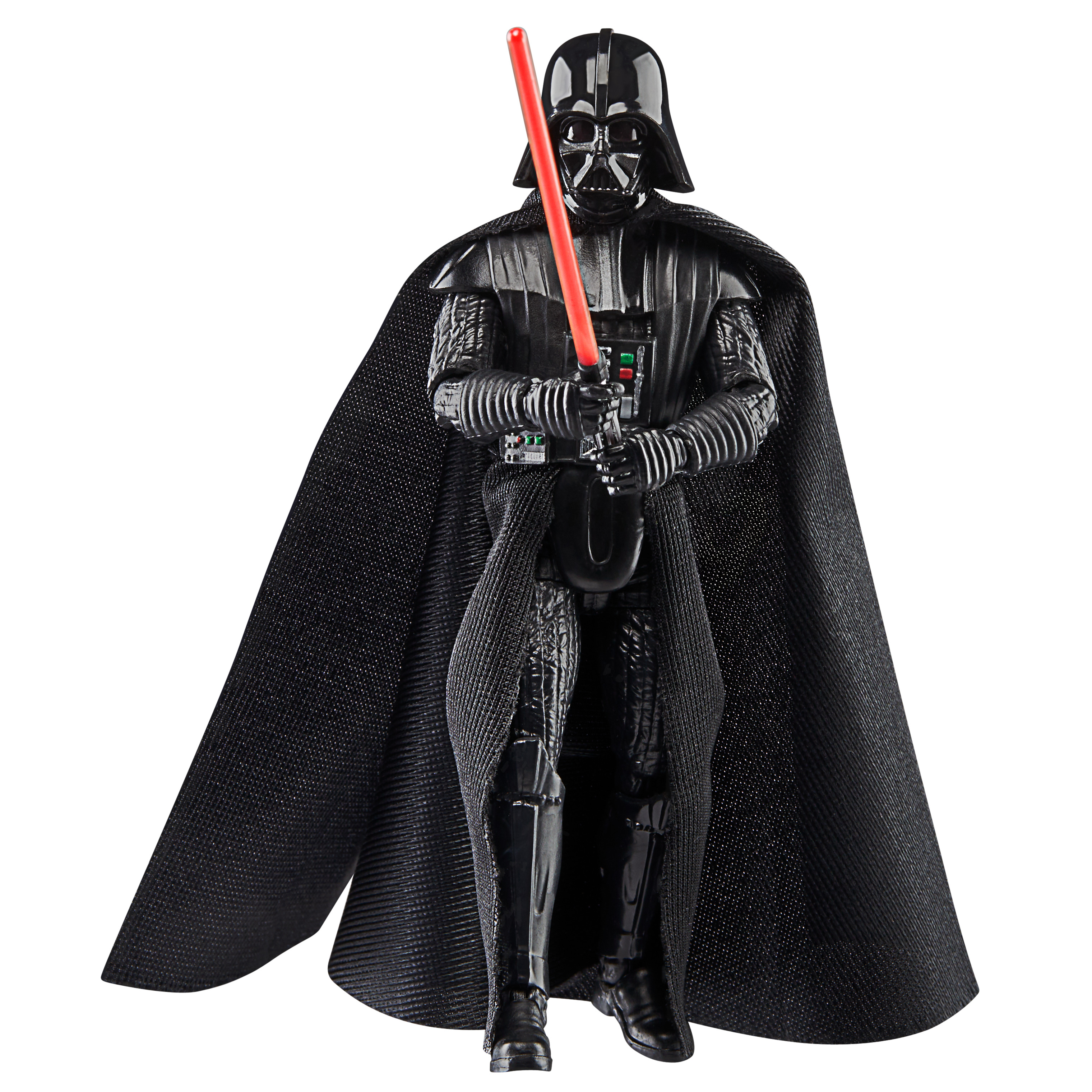 Kırmızı ışın kılıçlı, siyah zırhlı ve pelerinli Darth Vader aksiyon figürü.