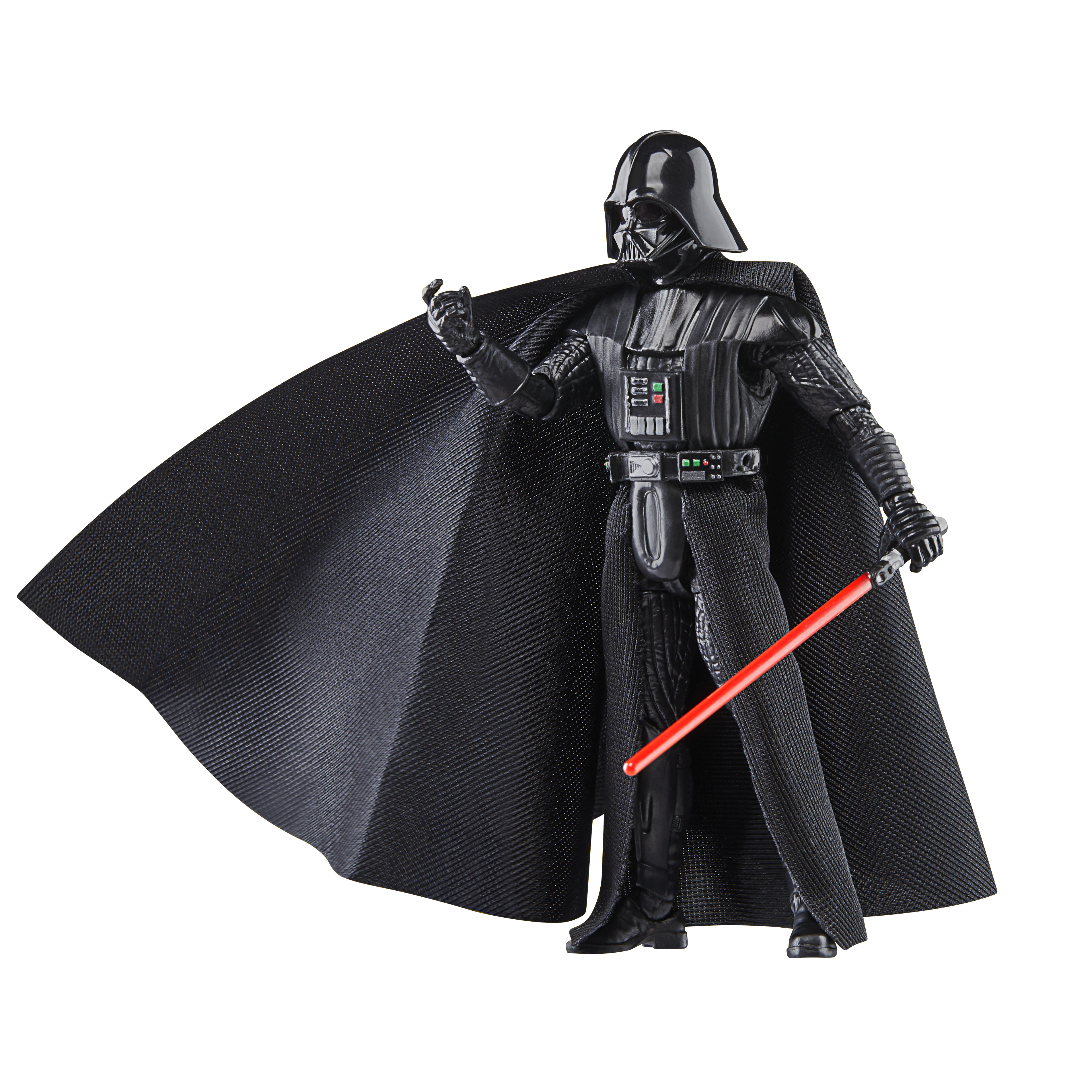 Kırmızı ışın kılıcı, siyah miğfer ve pelerinli Darth Vader aksiyon figürü. Beyaz zemin.