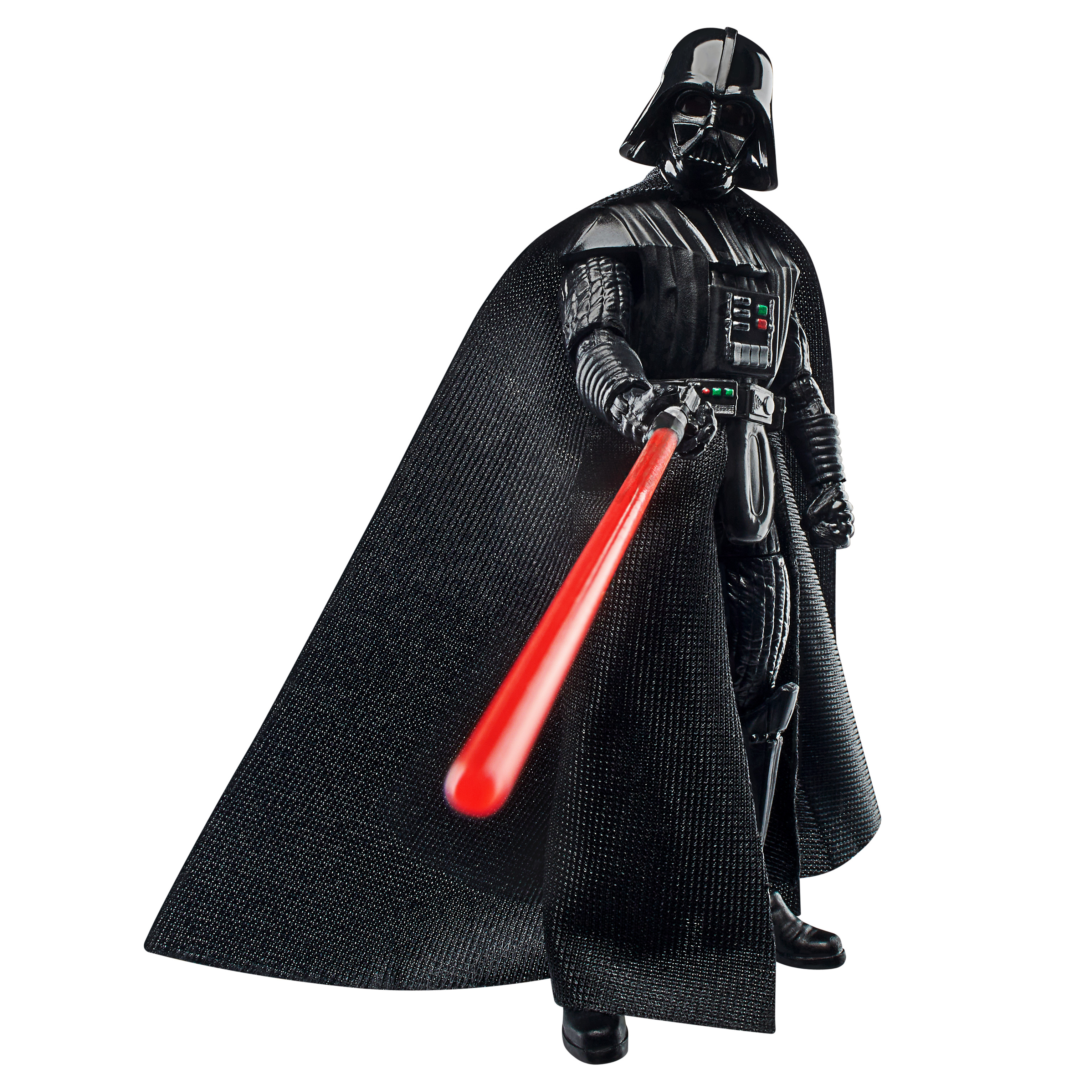 Kırmızı ışın kılıcı ve siyah pelerinli Darth Vader profilden duruyor.