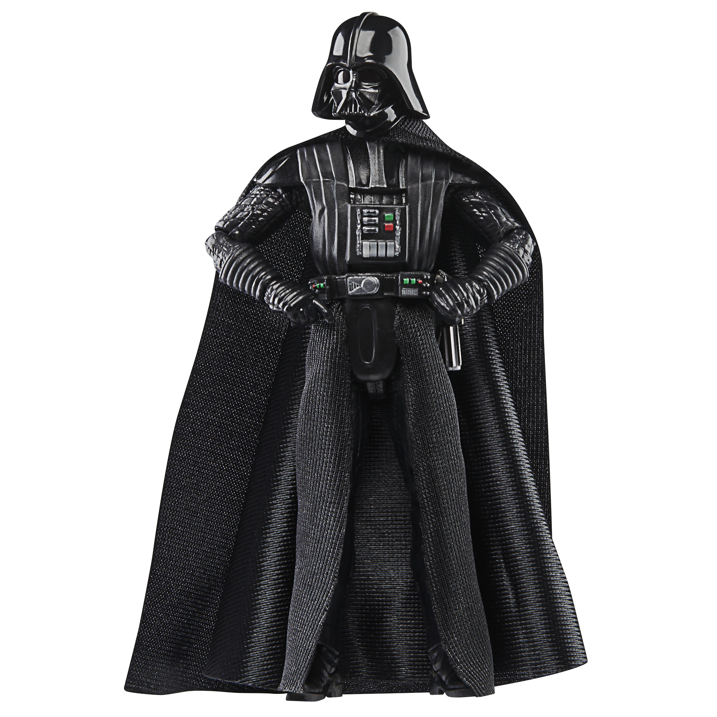 Bir Star Wars Darth Vader aksiyon figürü, elleri kalçalarında duruyor, siyah bir takım elbise, pelerin ve kask giyiyor.