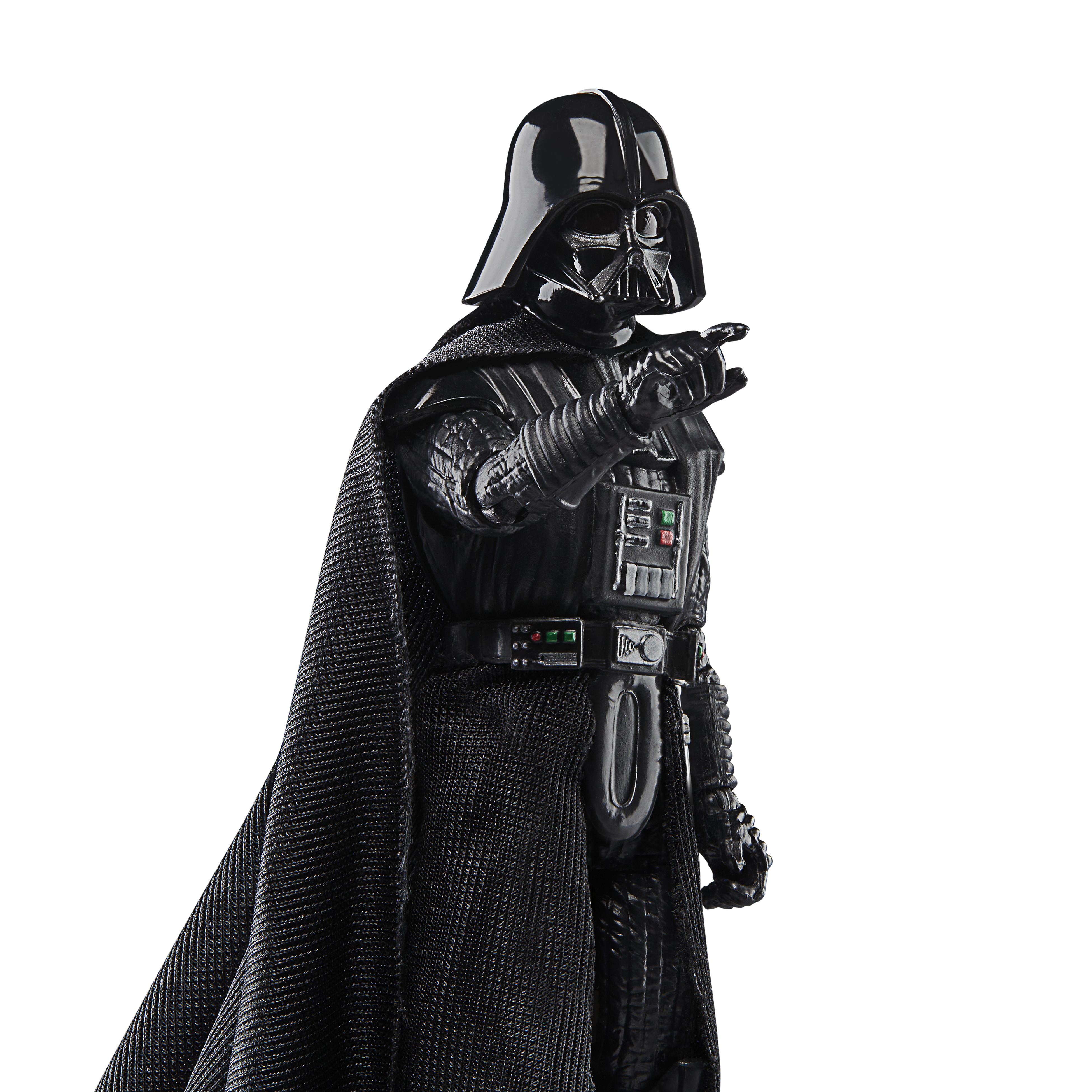 Siyah zırhlı, pelerinli ve miğferli Darth Vader figürü, işaret ediyor. Beyaz zemin.